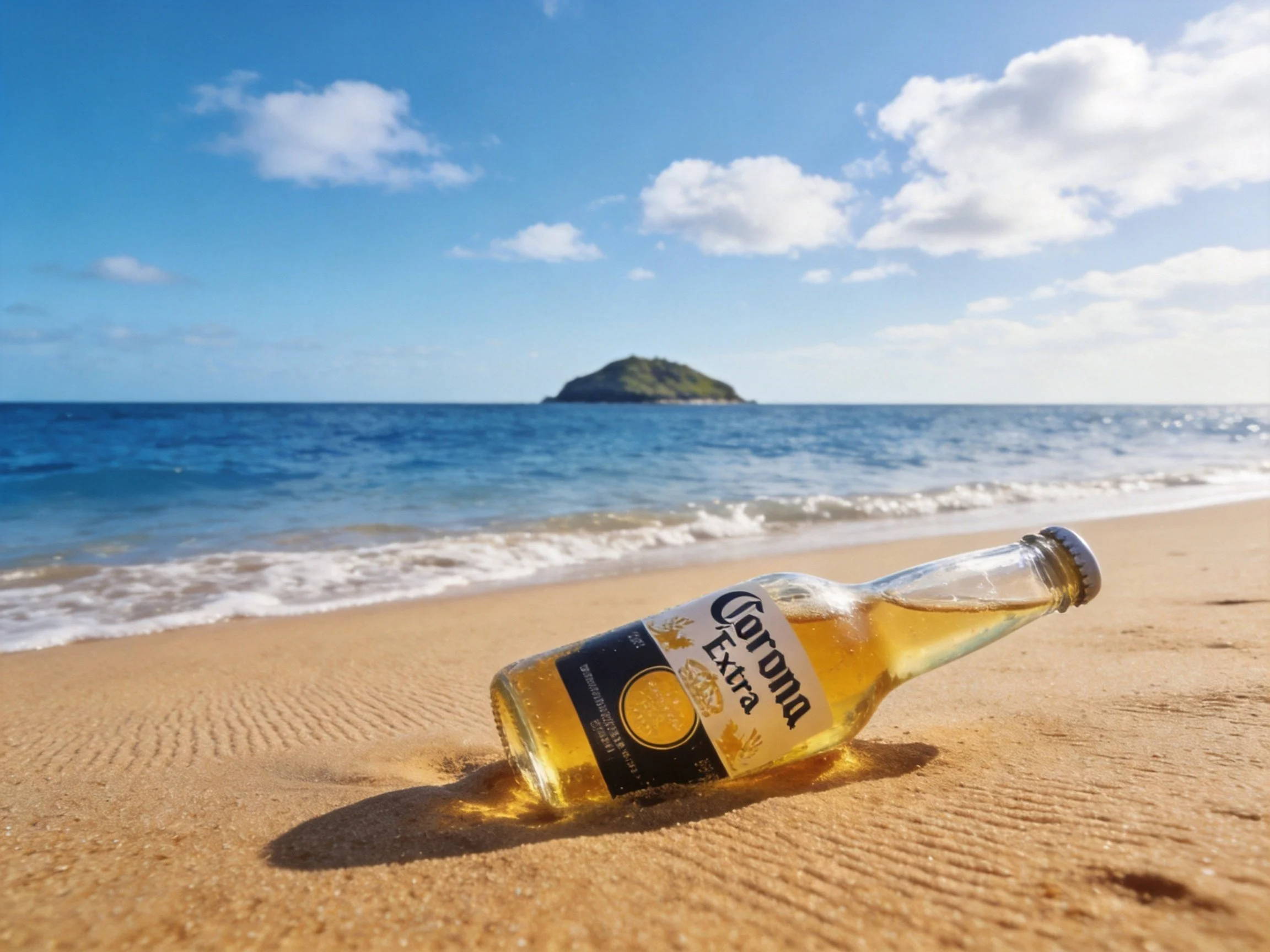 Corona Extra bottle on golden sand by blue ocean