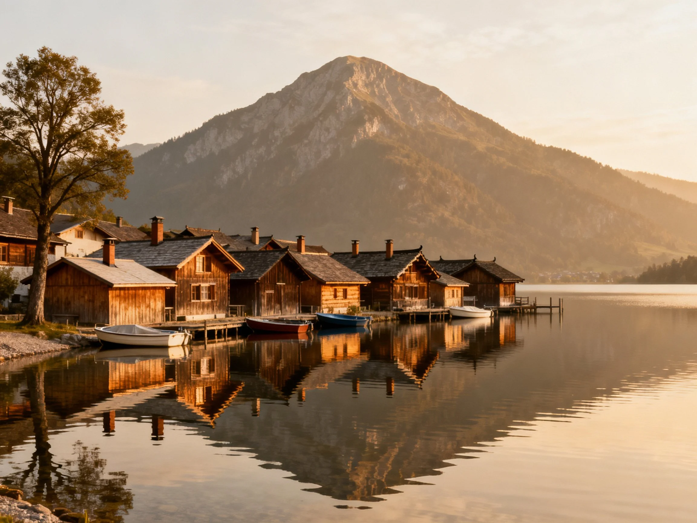 Cottages by a calm lake reflect a mountain in the distance