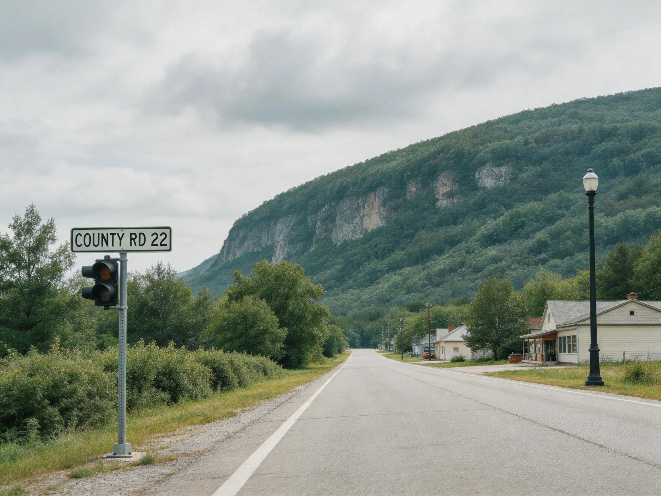 County Road 22 near a forested mountain with small homes