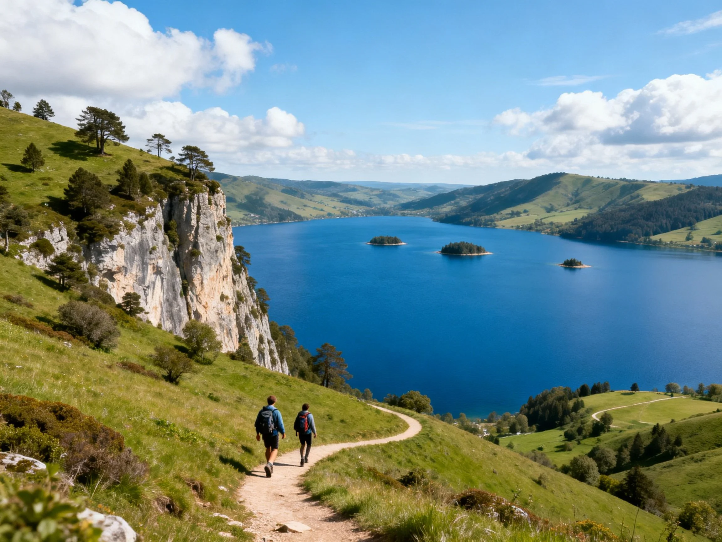 Couple hikes toward serene blue mountain lake with islands