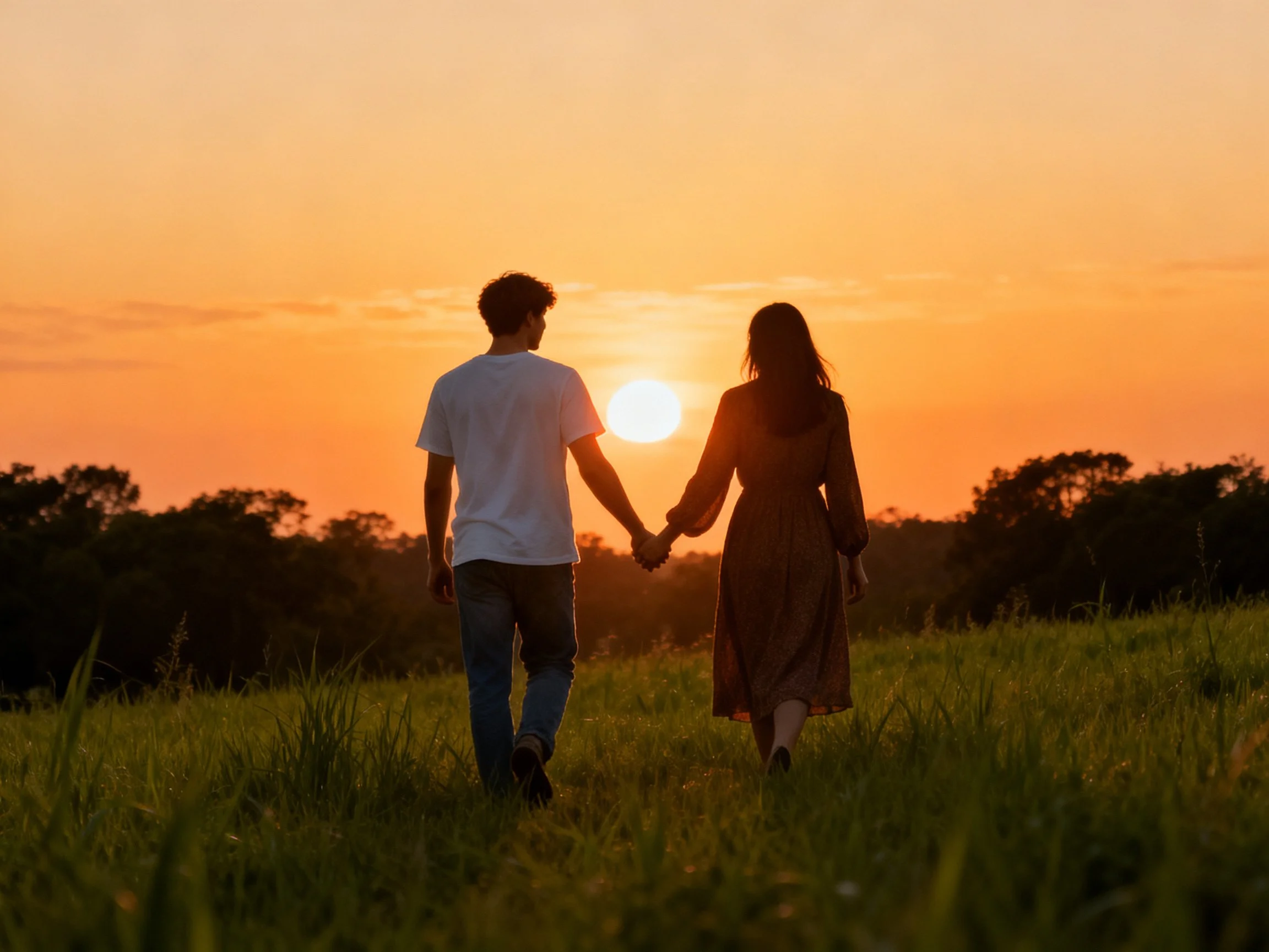 Couple holding hands walking through a green field at sunset