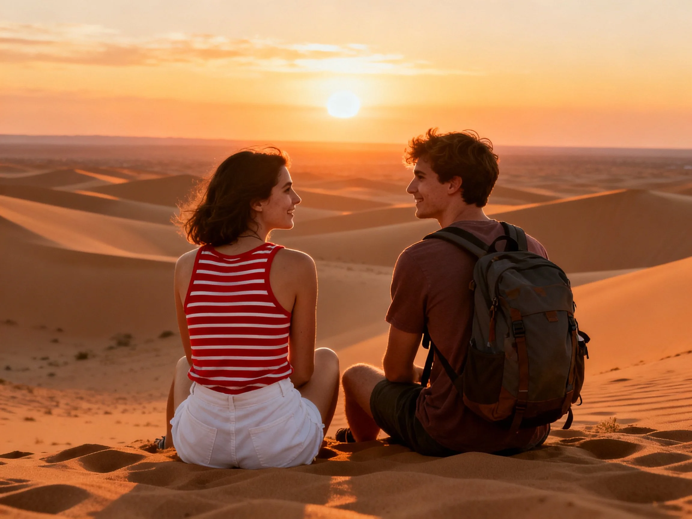 Couple relaxing on sand dunes at sunset in desert