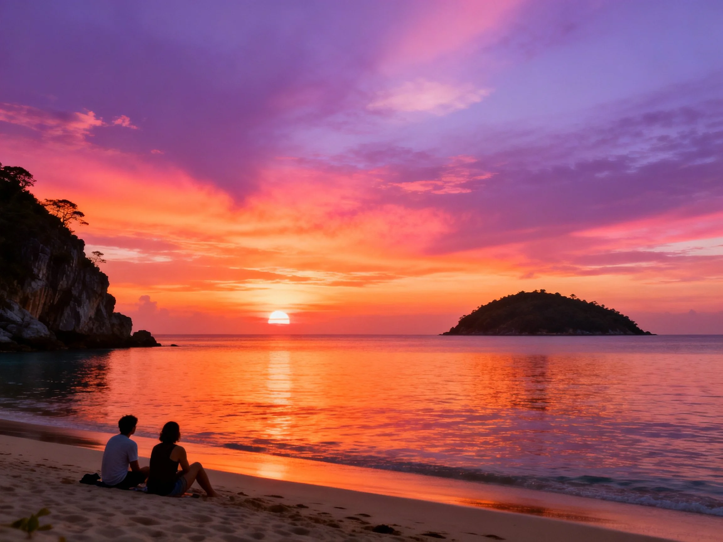 Couple sits on sandy beach viewing vibrant sunset over calm waters