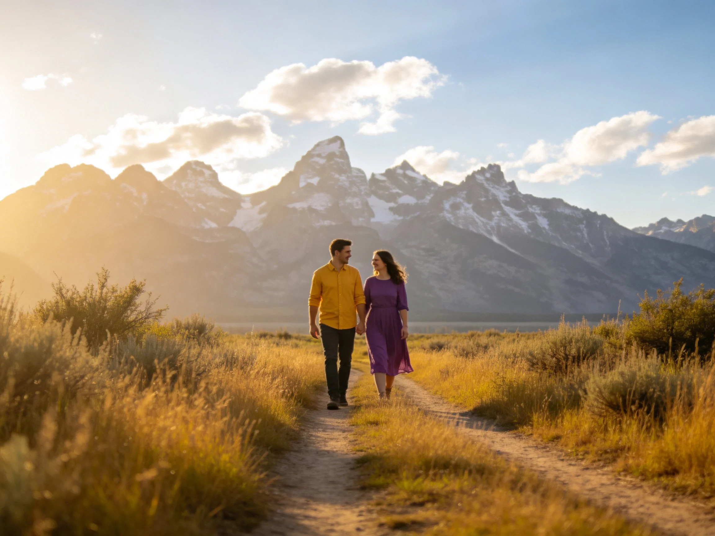 Couple walking on golden path near snow-capped mountains