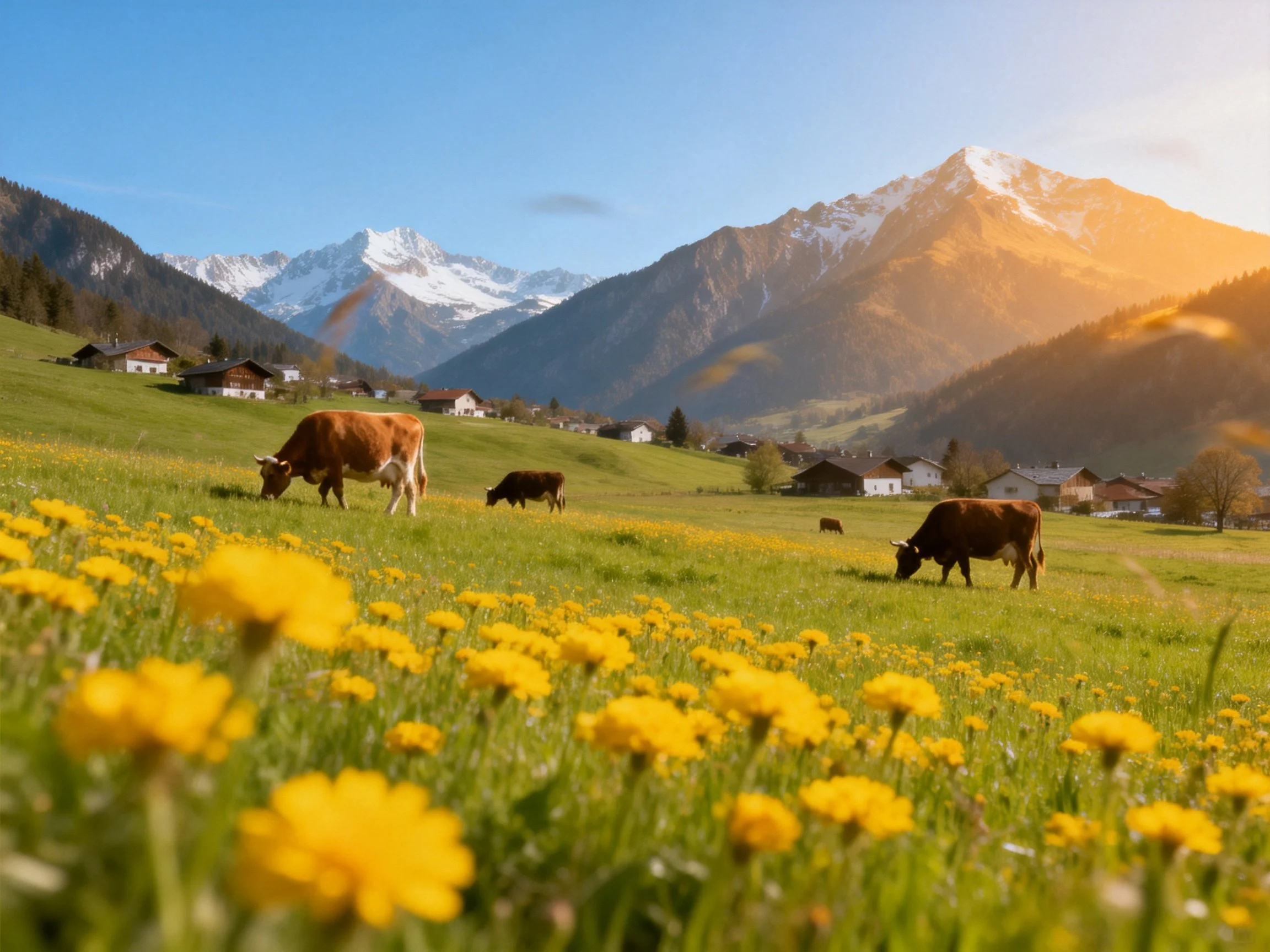 Cows graze in a flower-filled meadow near snow-capped mountains