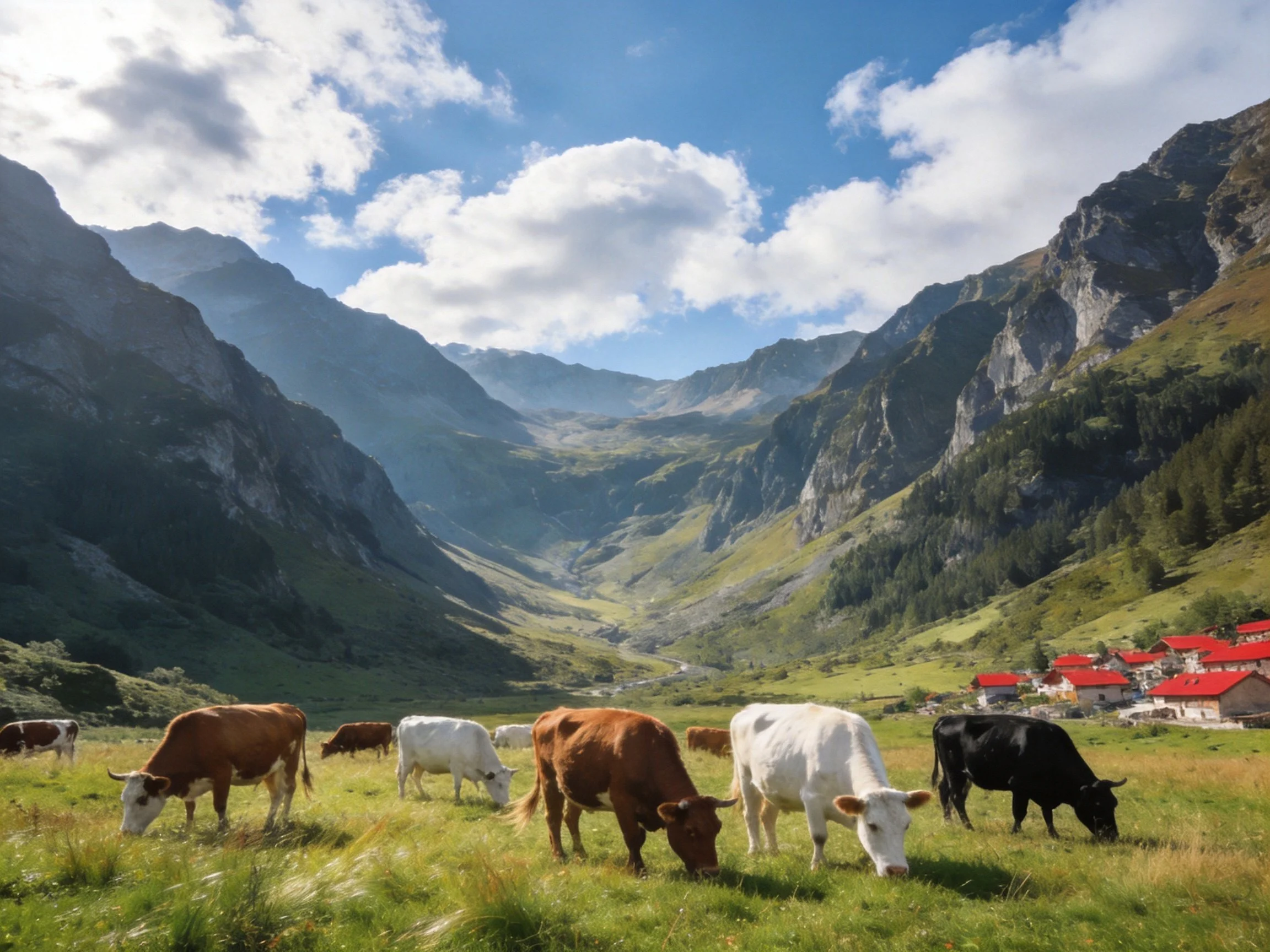 Cows graze in a mountain valley near red-roofed village