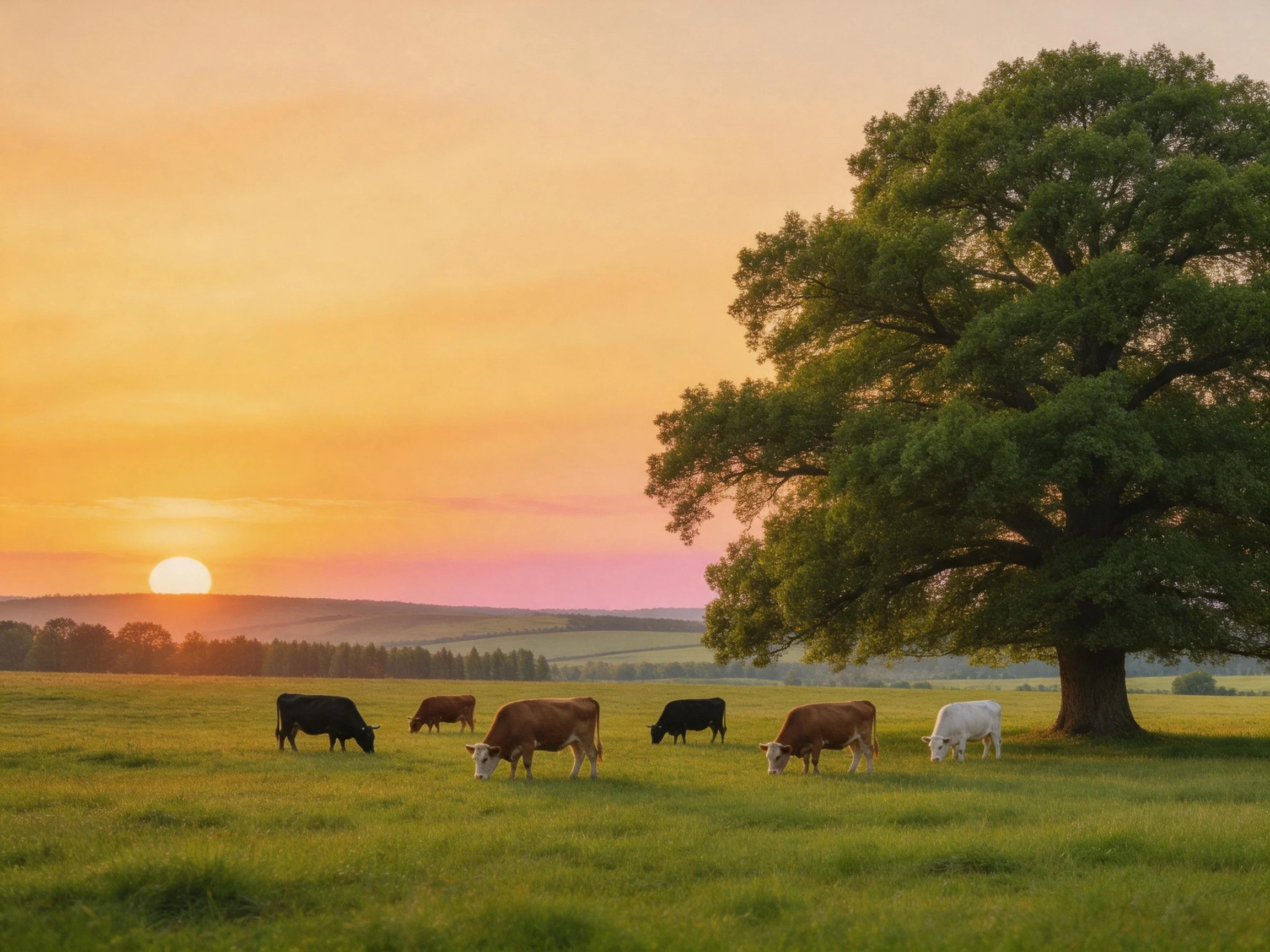 Cows graze near a large oak tree during golden hour