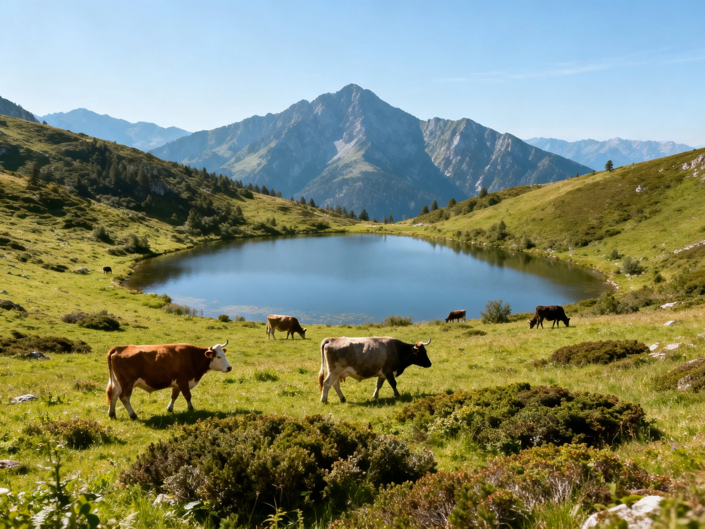 Cows grazing near a serene alpine lake with majestic mountains