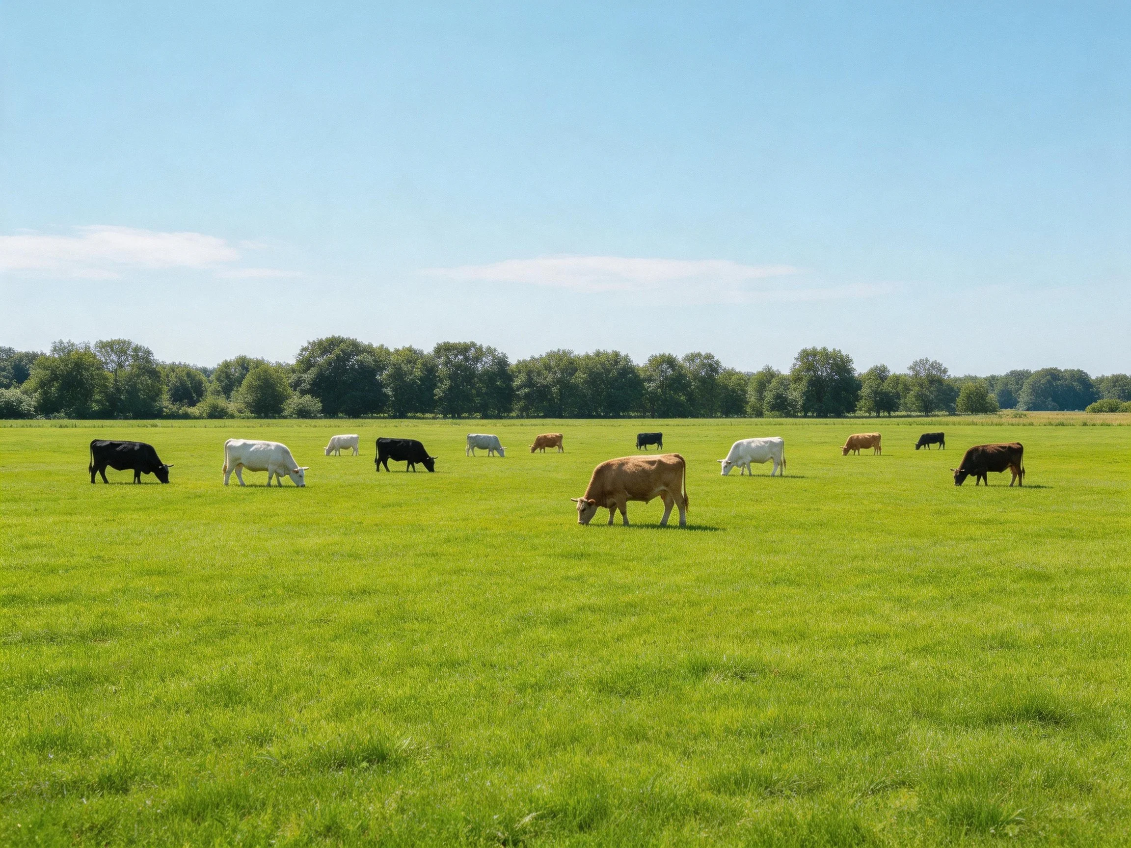 Cows of various colors graze in a vast green pasture