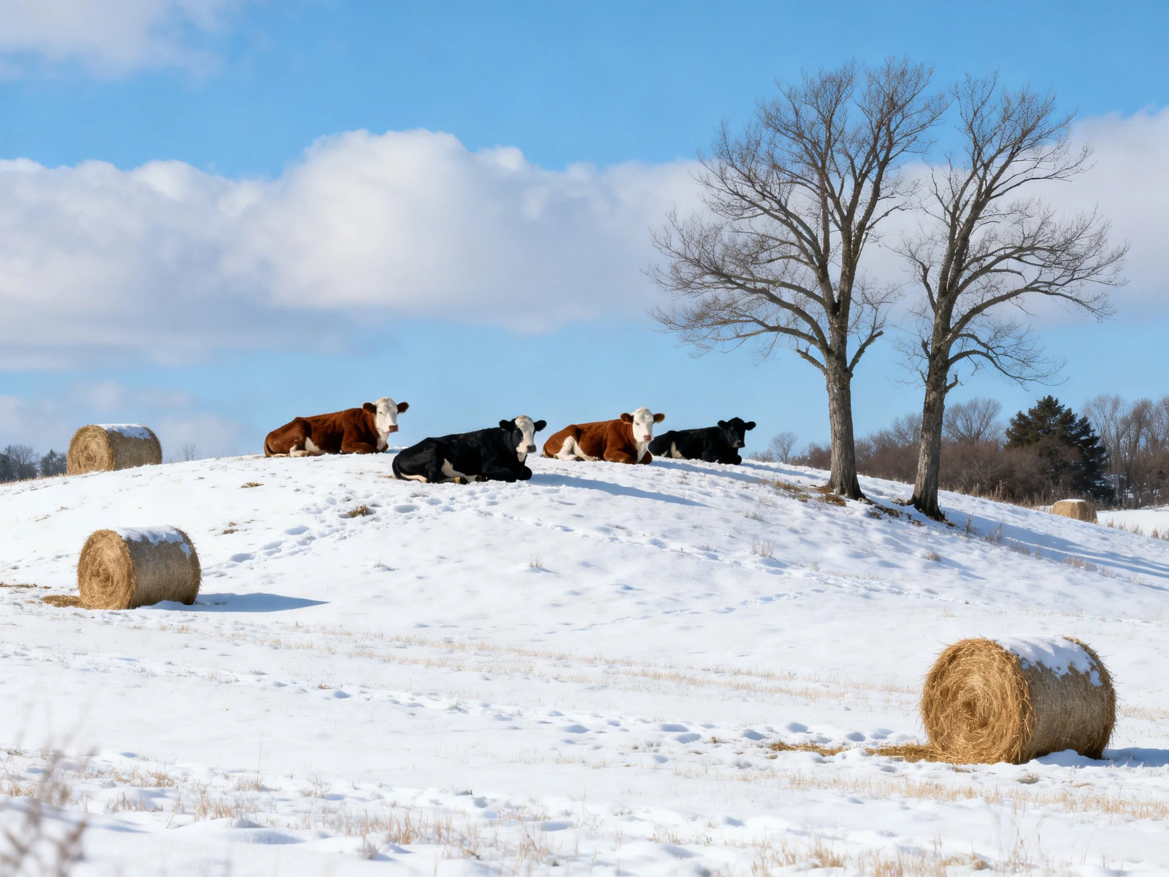 Cows resting near hay bales on a snowy hilltop