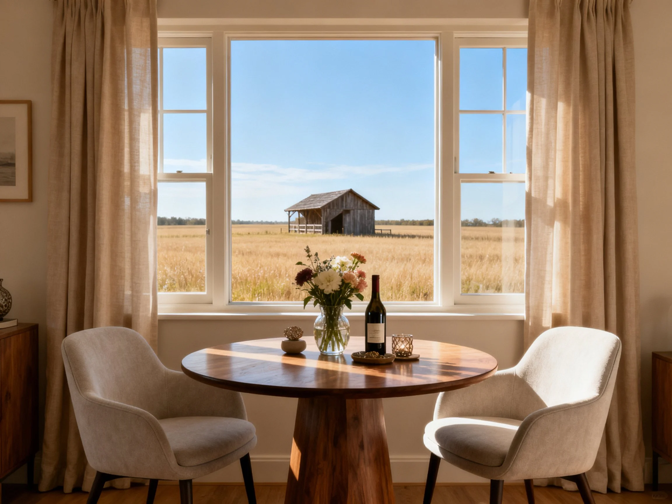 Cozy dining area with round wooden table, two armchairs, and barn view