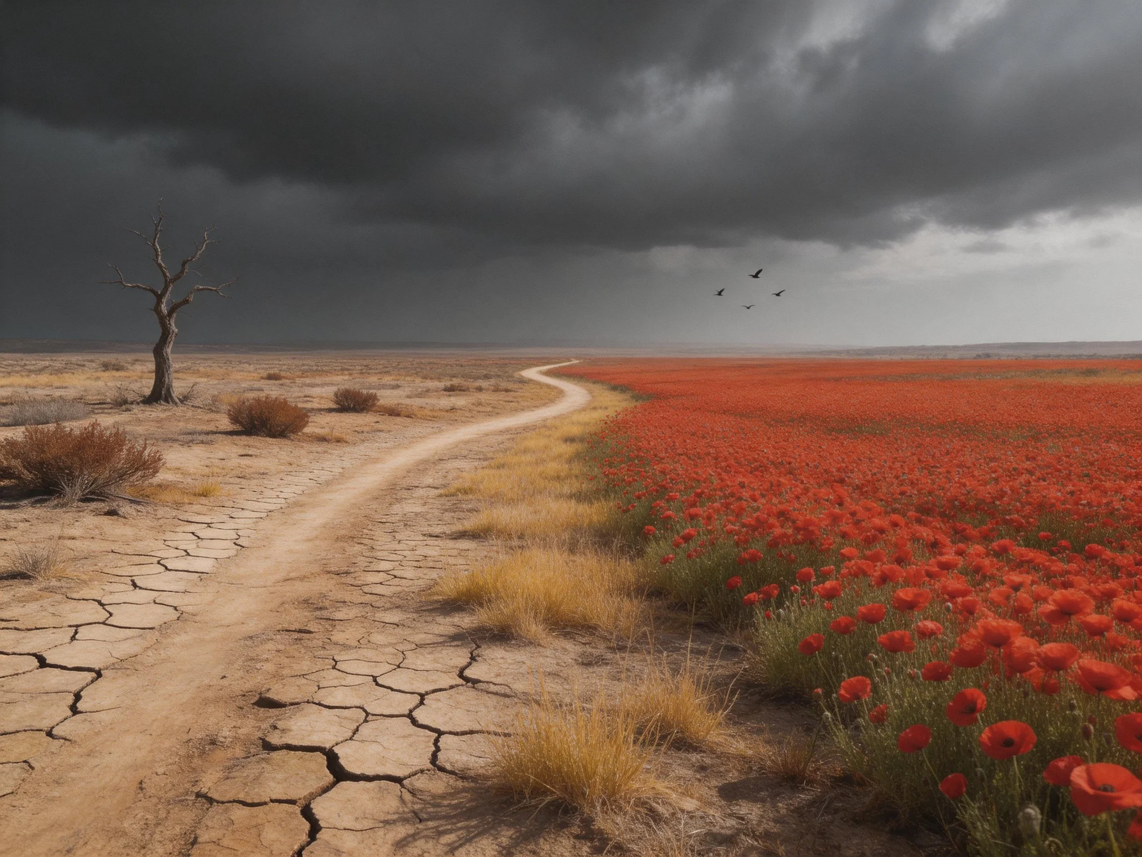Cracked Path Divides Arid Land From Vibrant Red Flower Field Under Dark Clouds