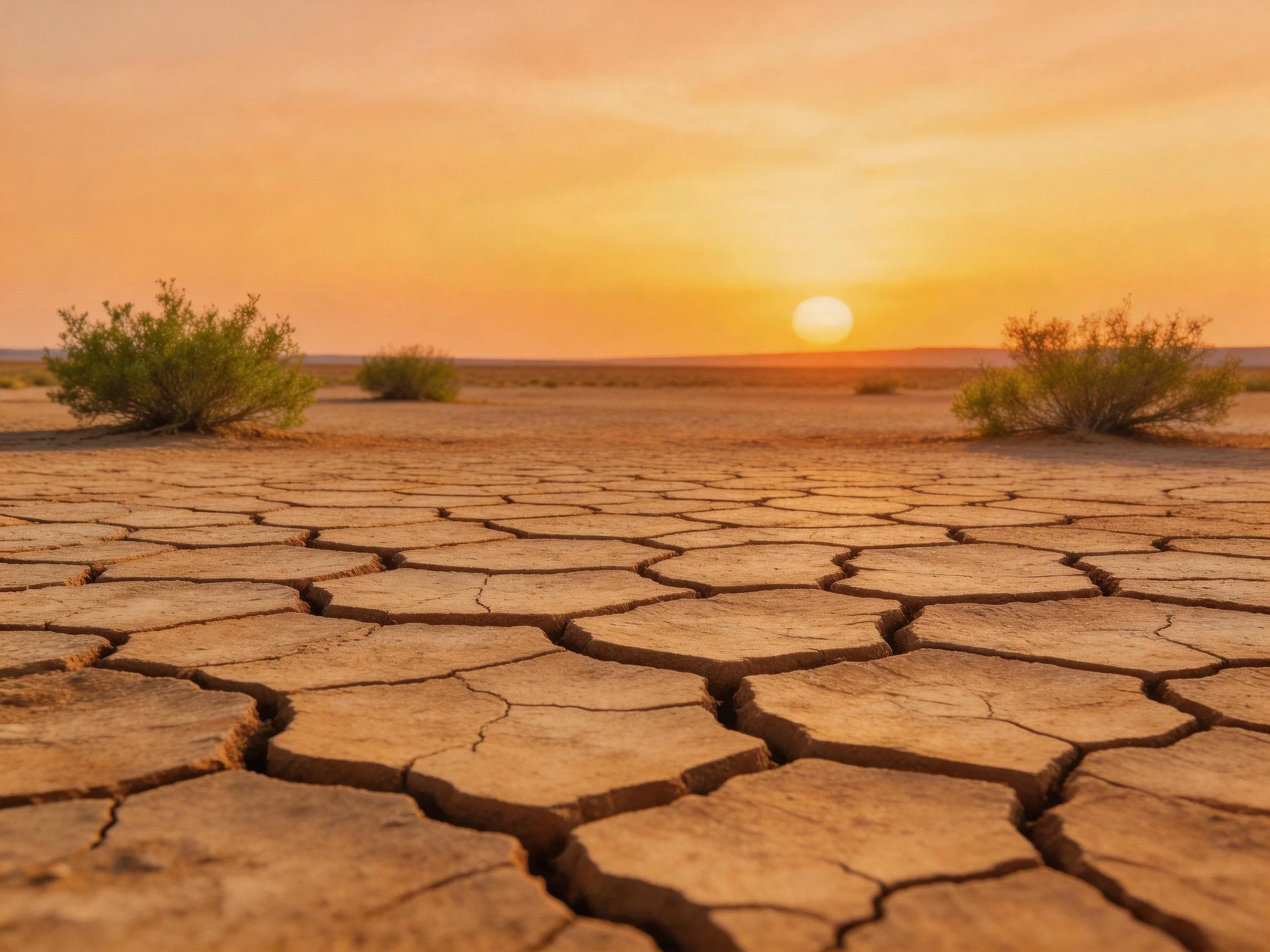 Cracked earth landscape with sparse bushes under golden sunset