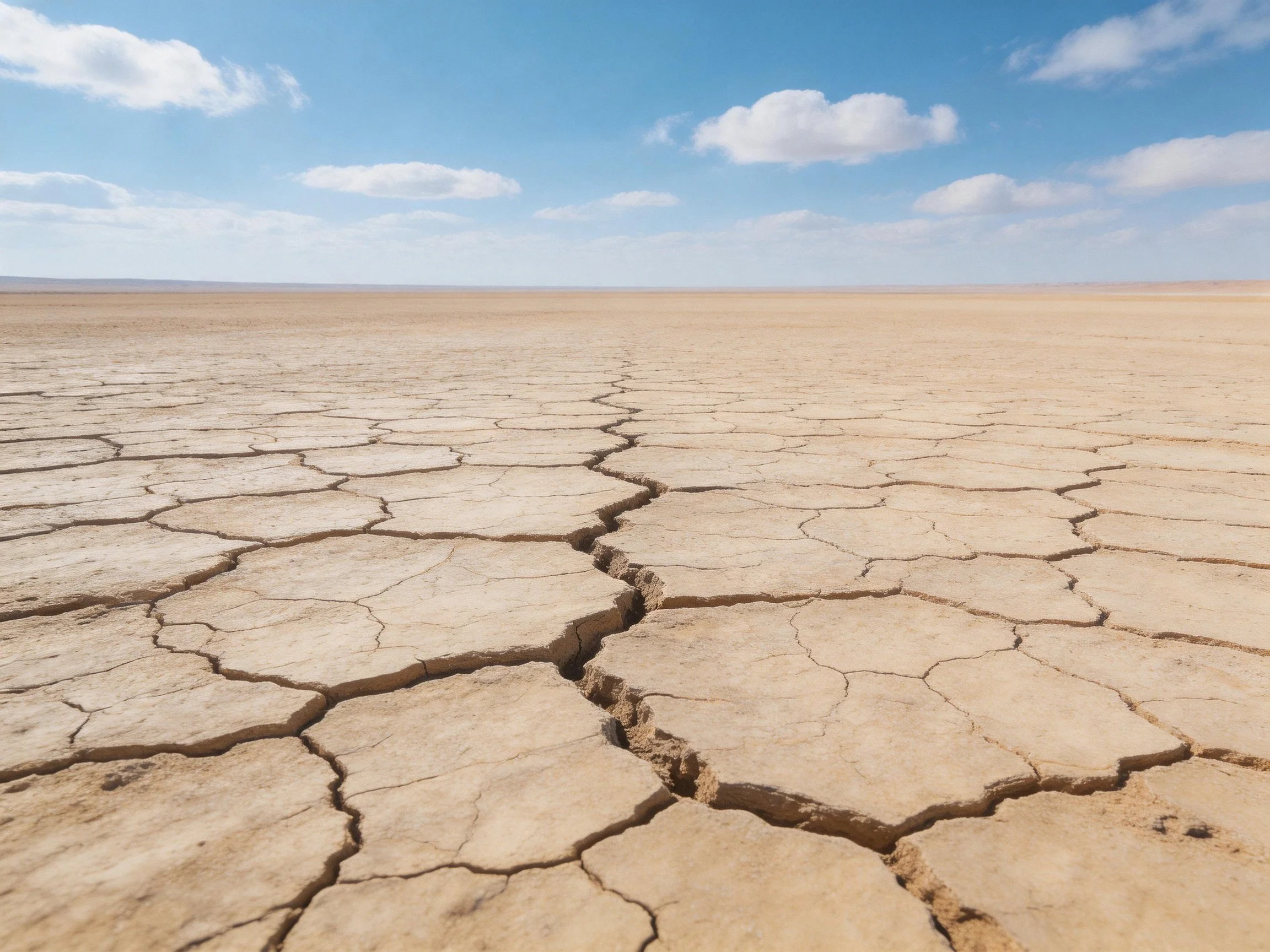 Cracked earth spreads across vast arid landscape under bright blue sky