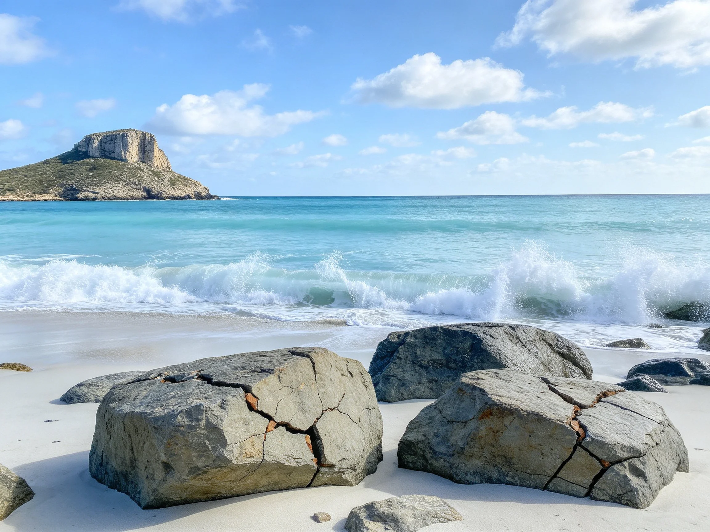 Cracked gray rocks on white sand near turquoise sea and rocky island