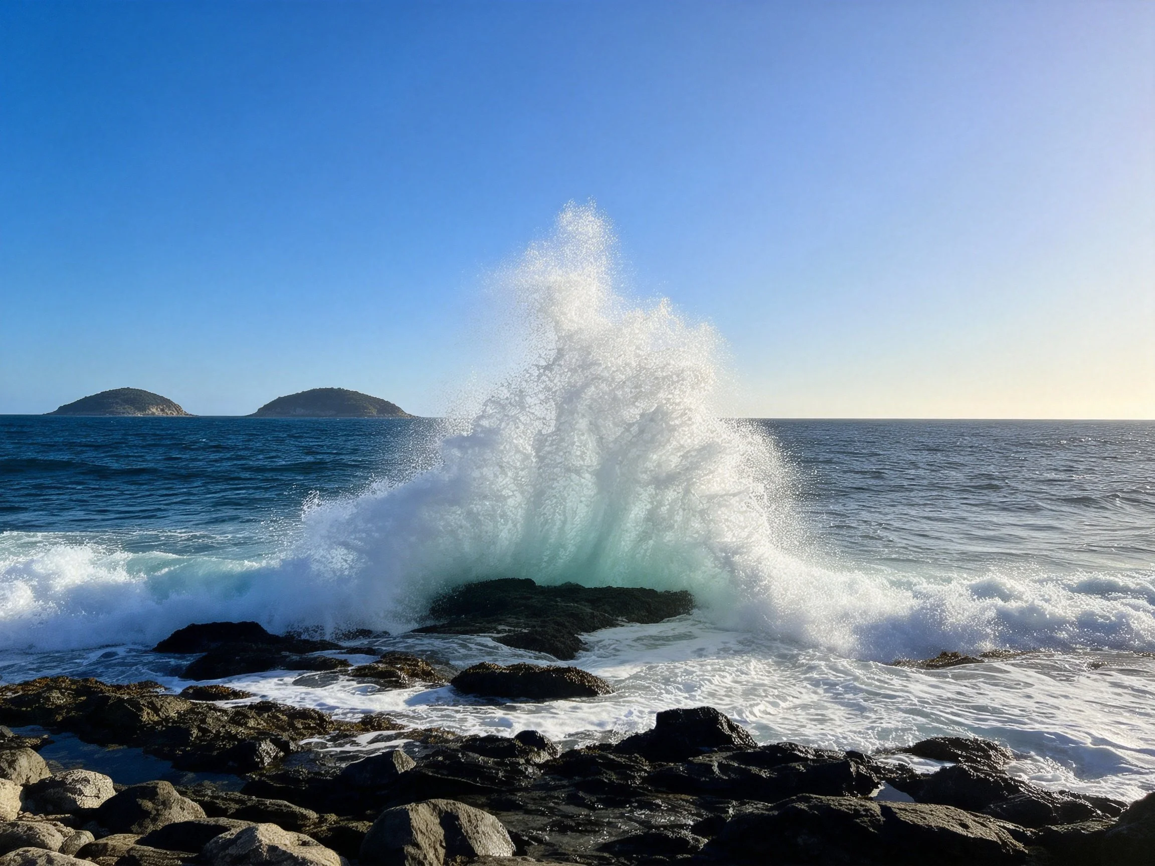 Crashing Waves Against Dark Rocks With Blue Sky and Distant Islands