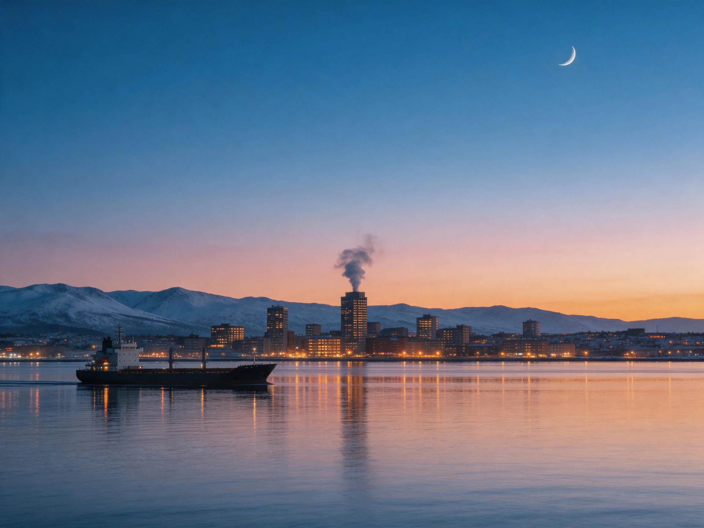 Crescent Moon Over City Harbor at Dusk