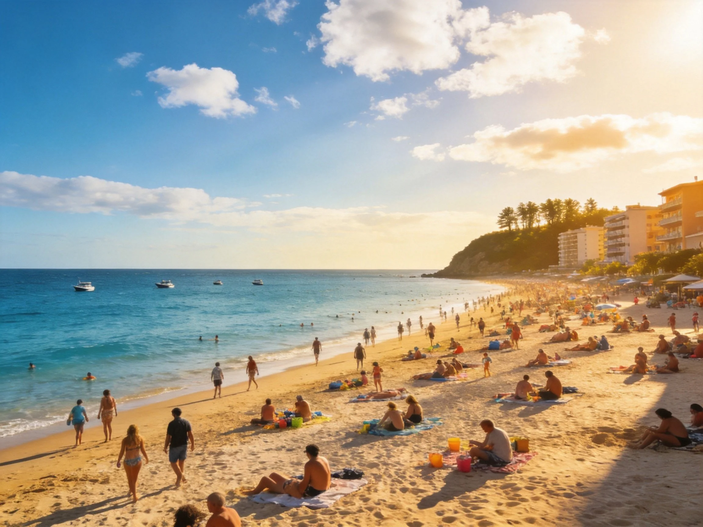 Crowded Sunny Beach with Turquoise Waters