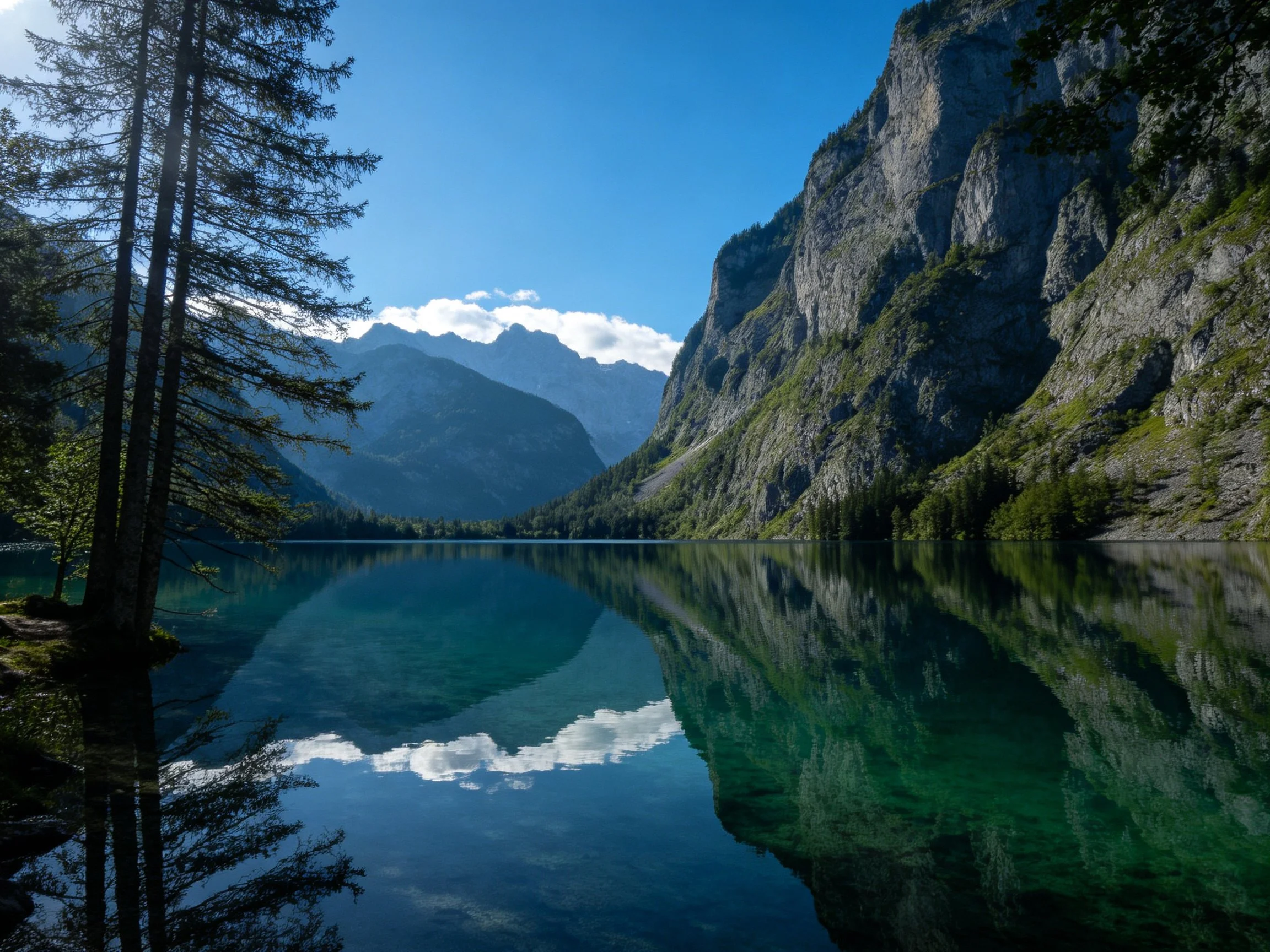 Crystal-clear alpine lake reflects towering rocky cliffs