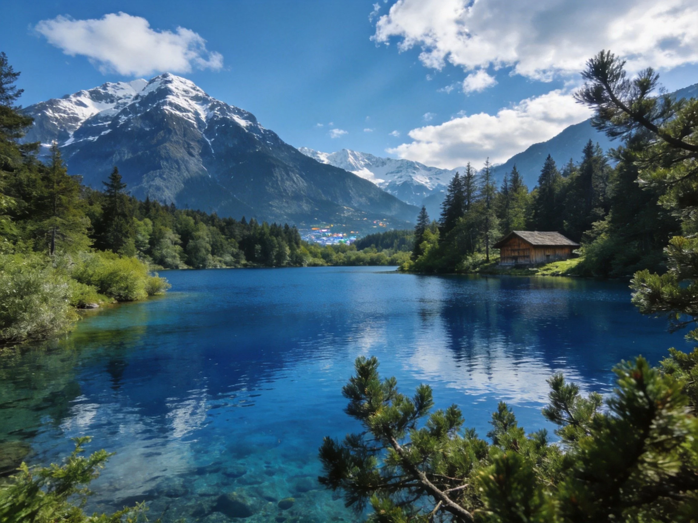 Crystal - clear blue lake amid forested mountains with a wooden cabin