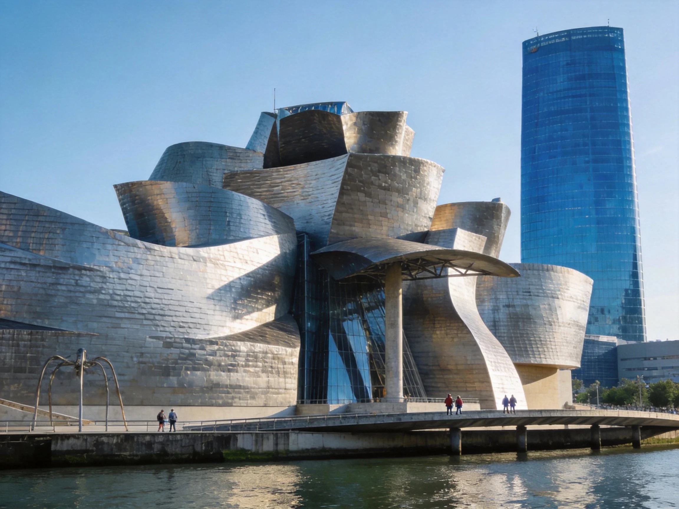 Curved Metallic Museum Near Water with Glass Skyscraper