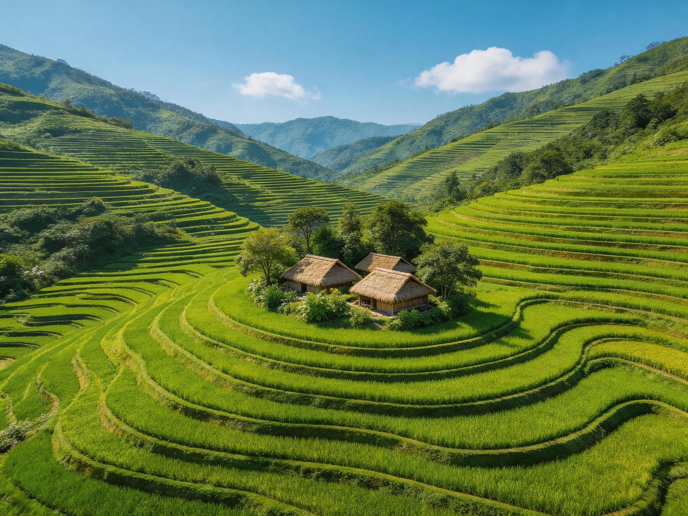 Curved green terraced rice fields with traditional huts