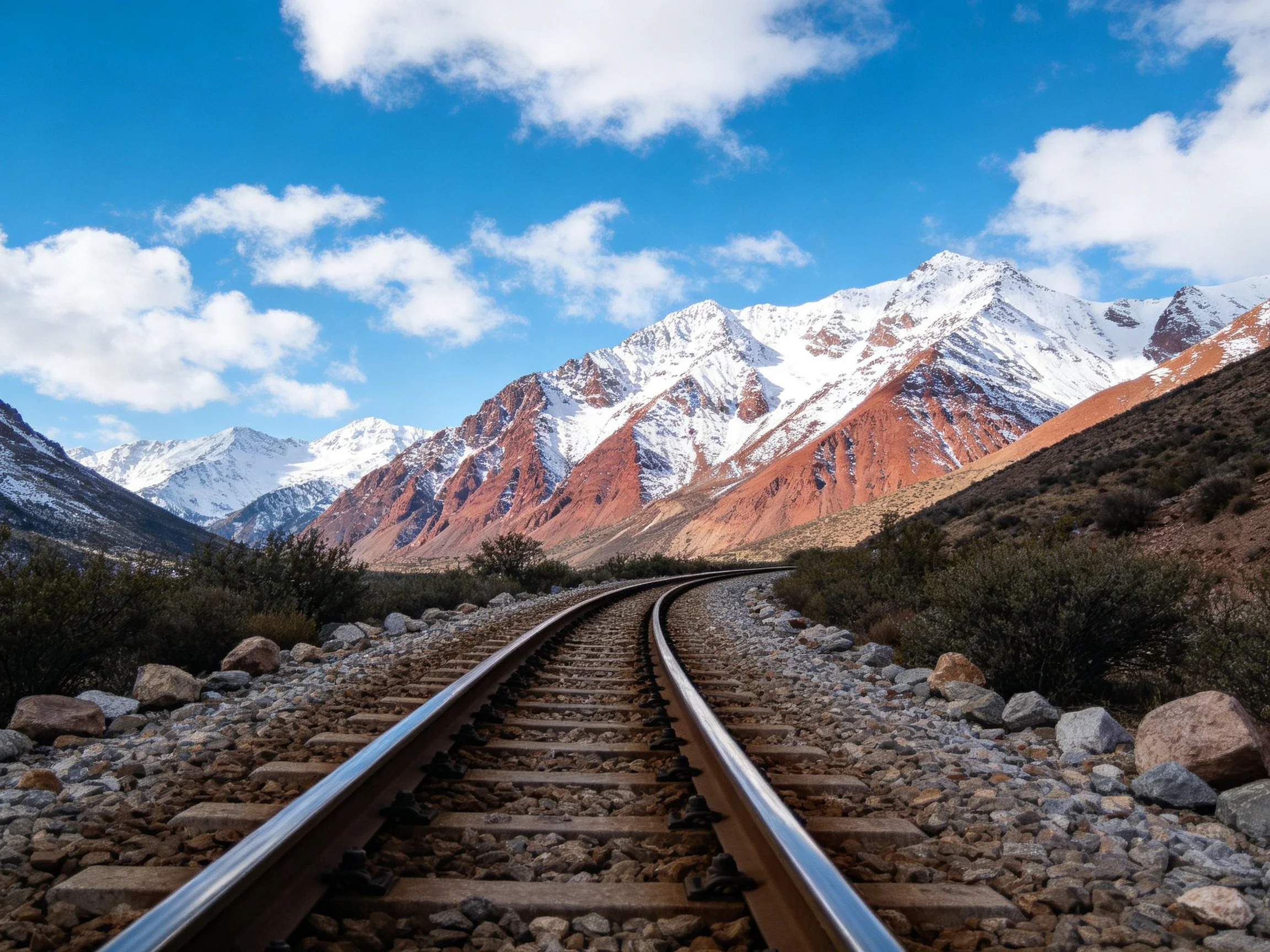 Curved railroad tracks lead toward snow - capped mountain peaks with red rocky faces