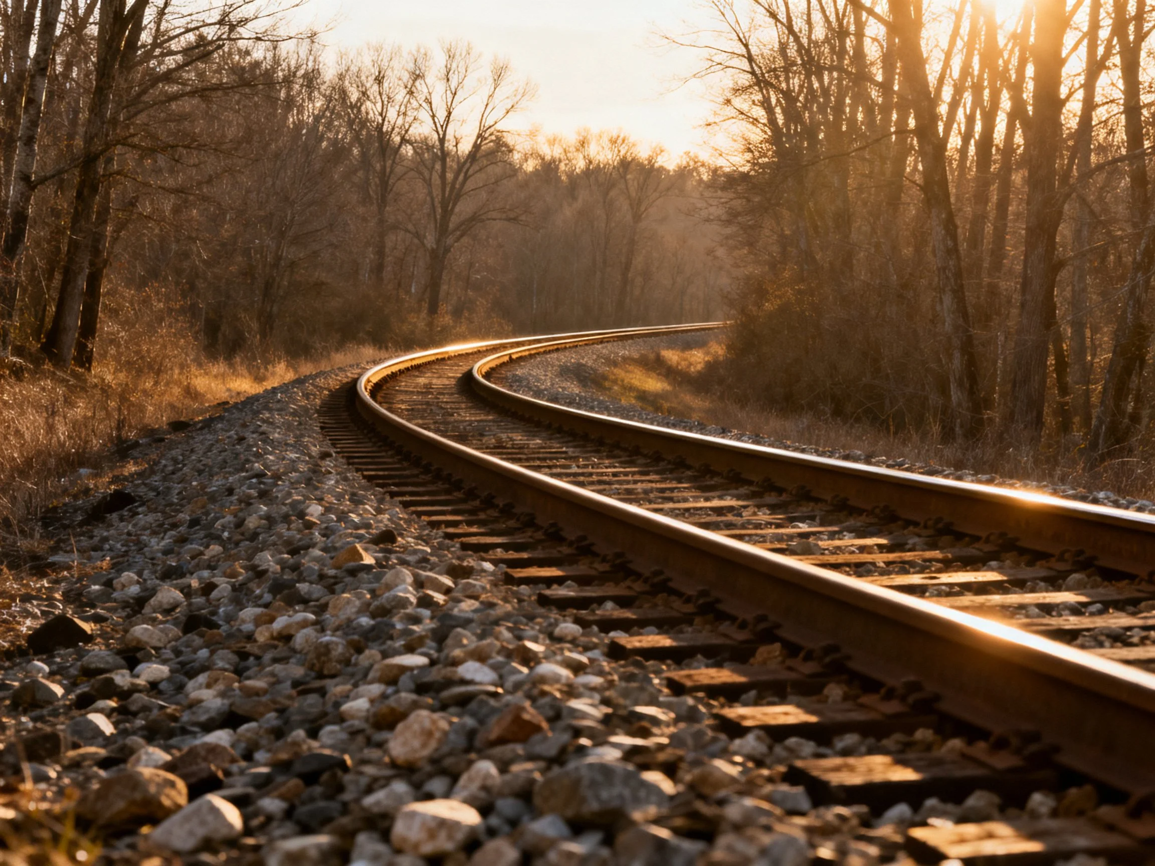 Curved railroad tracks winding through golden wooded terrain