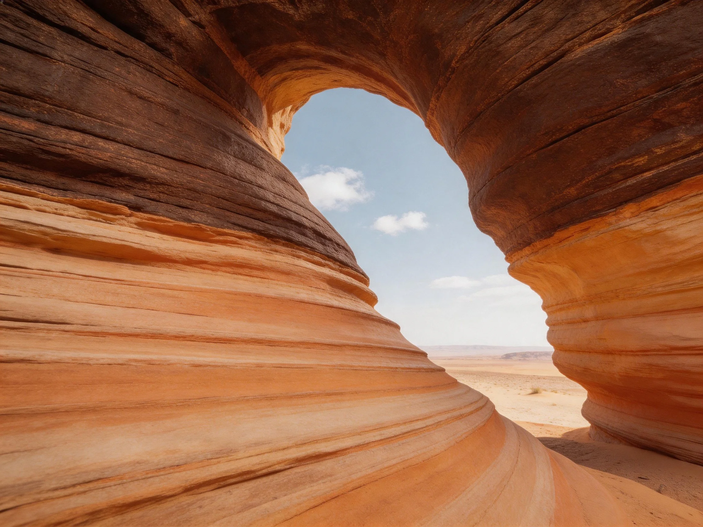 Curved sandstone arch formation with layered earth tones