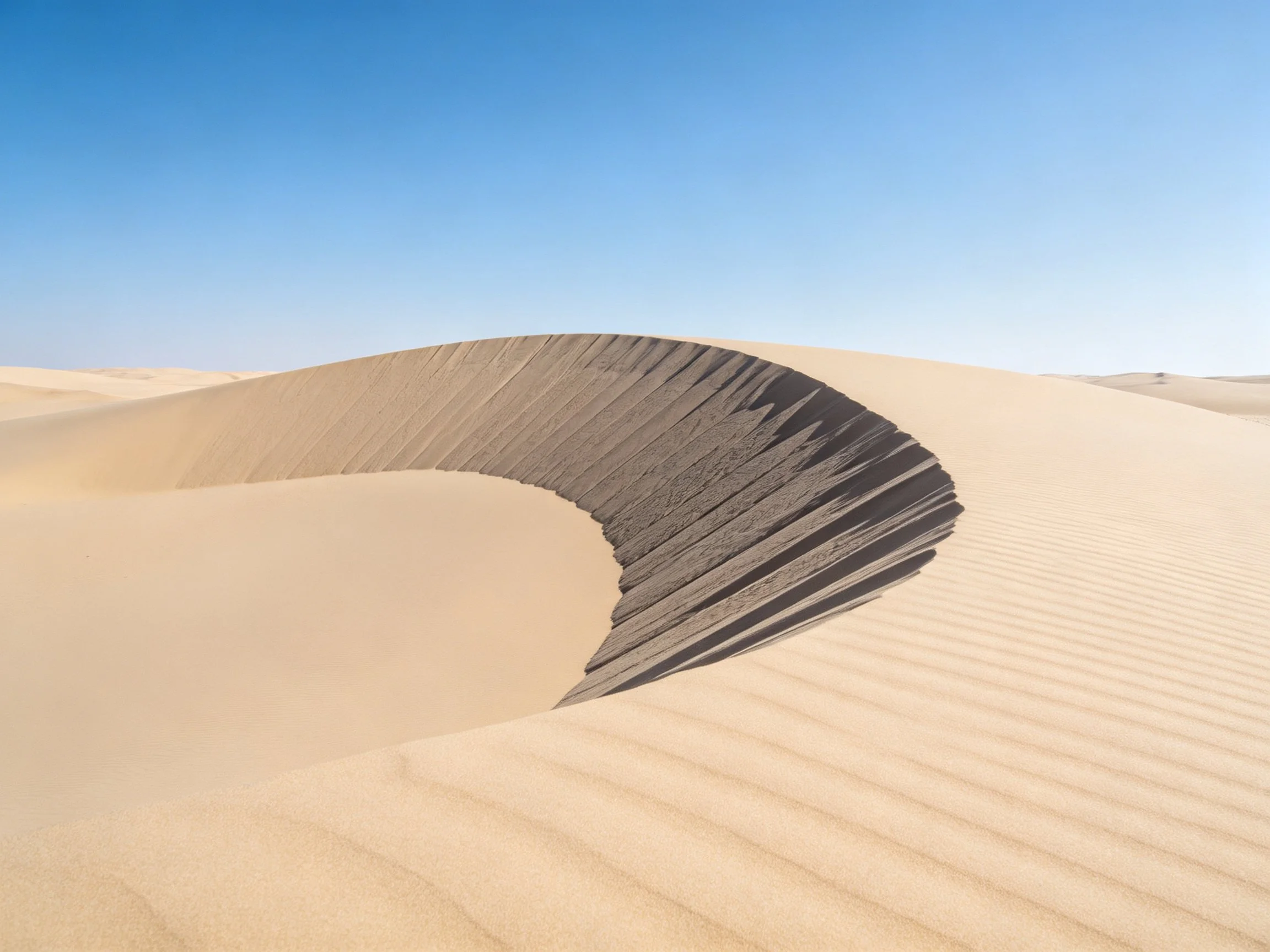 Curved shadowed sand dunes against clear blue sky
