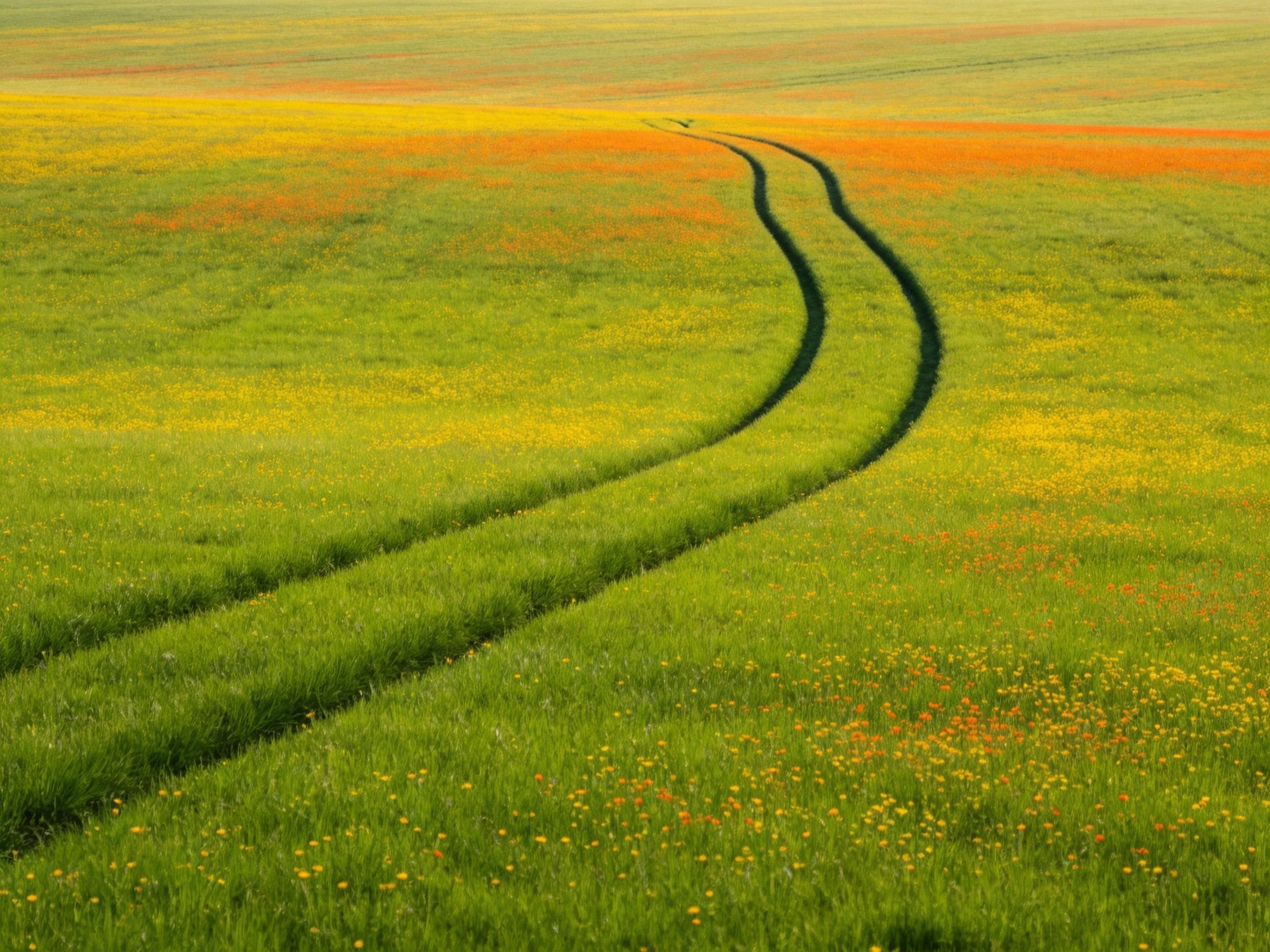 Curved tire tracks wind through a vibrant flower-dotted meadow