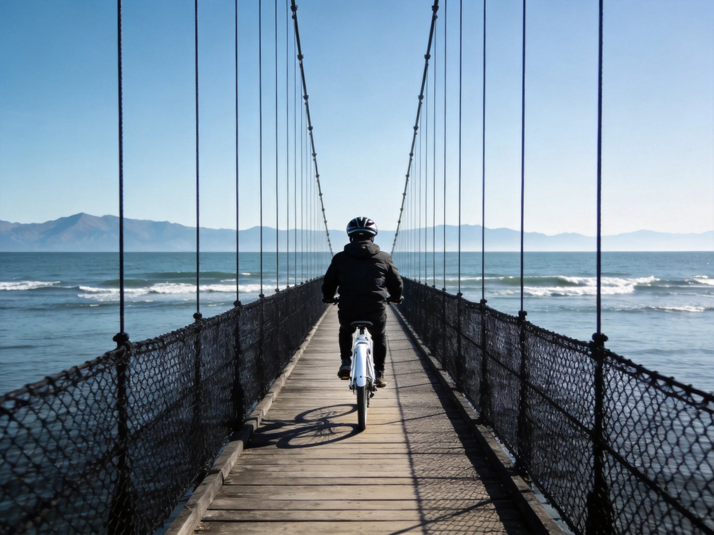 Cyclist rides white bike on wooden suspension bridge over ocean