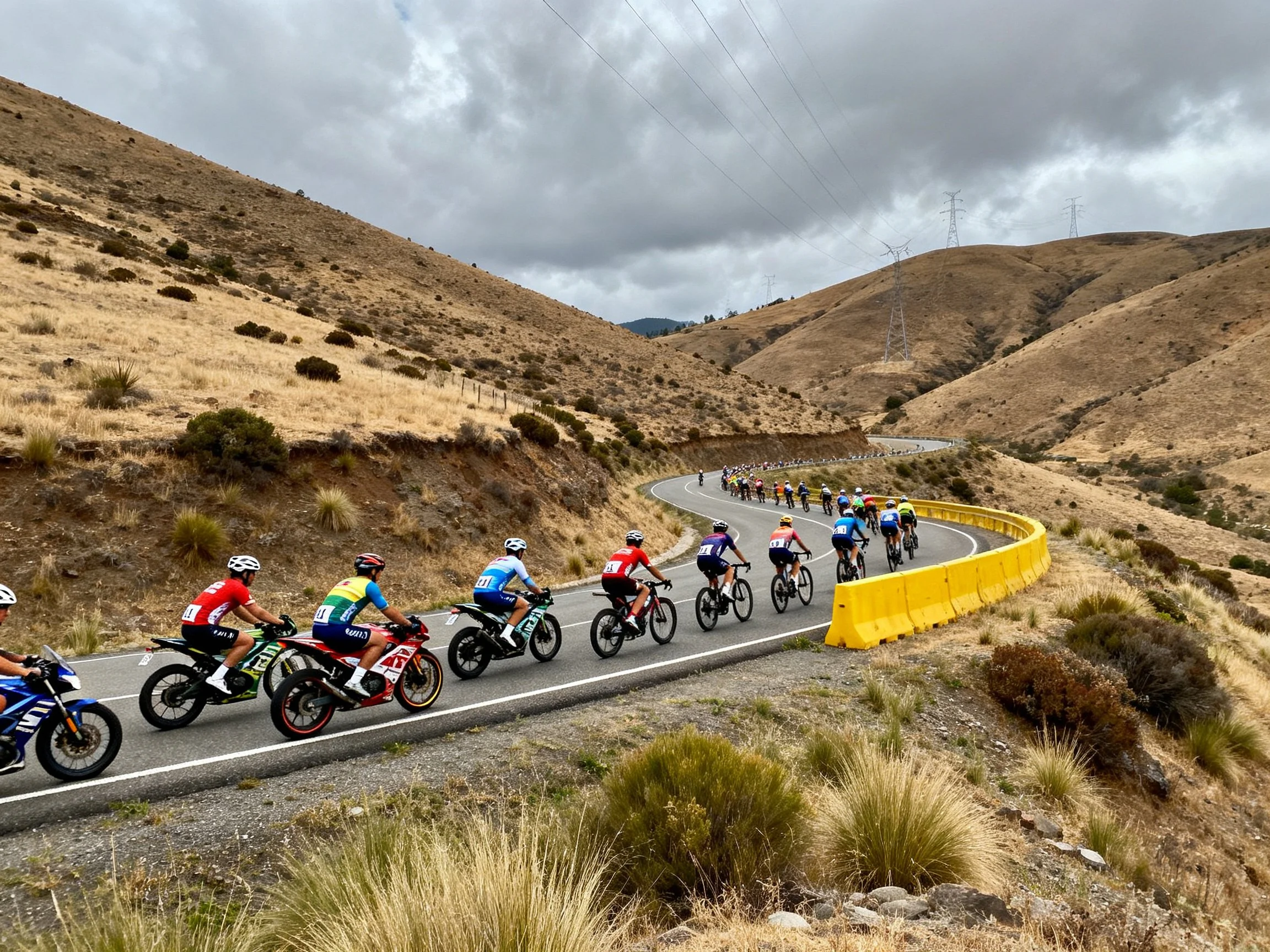 Cyclists and motorcyclists ride along a winding mountain road