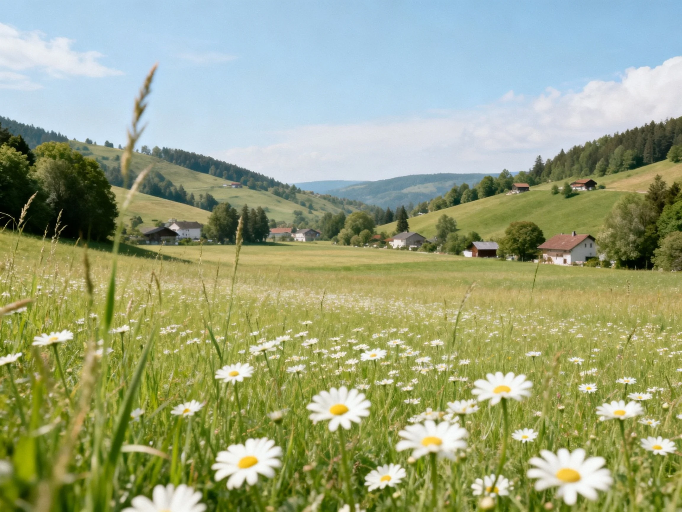 Daisy-filled meadow, rolling green hills, scattered farmhouses under sunny sky