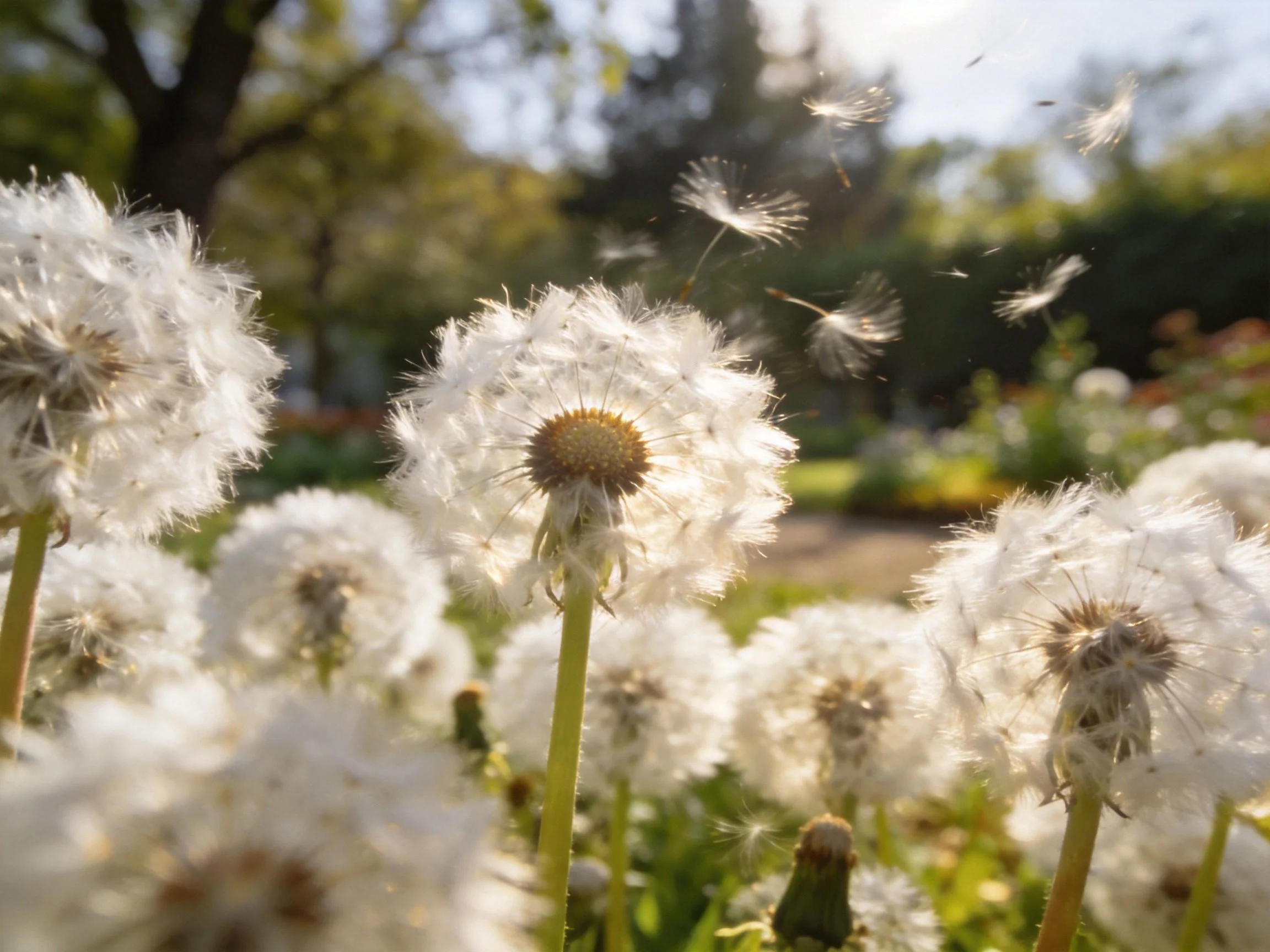Dandelion seed heads dispersing in sunlit garden scene