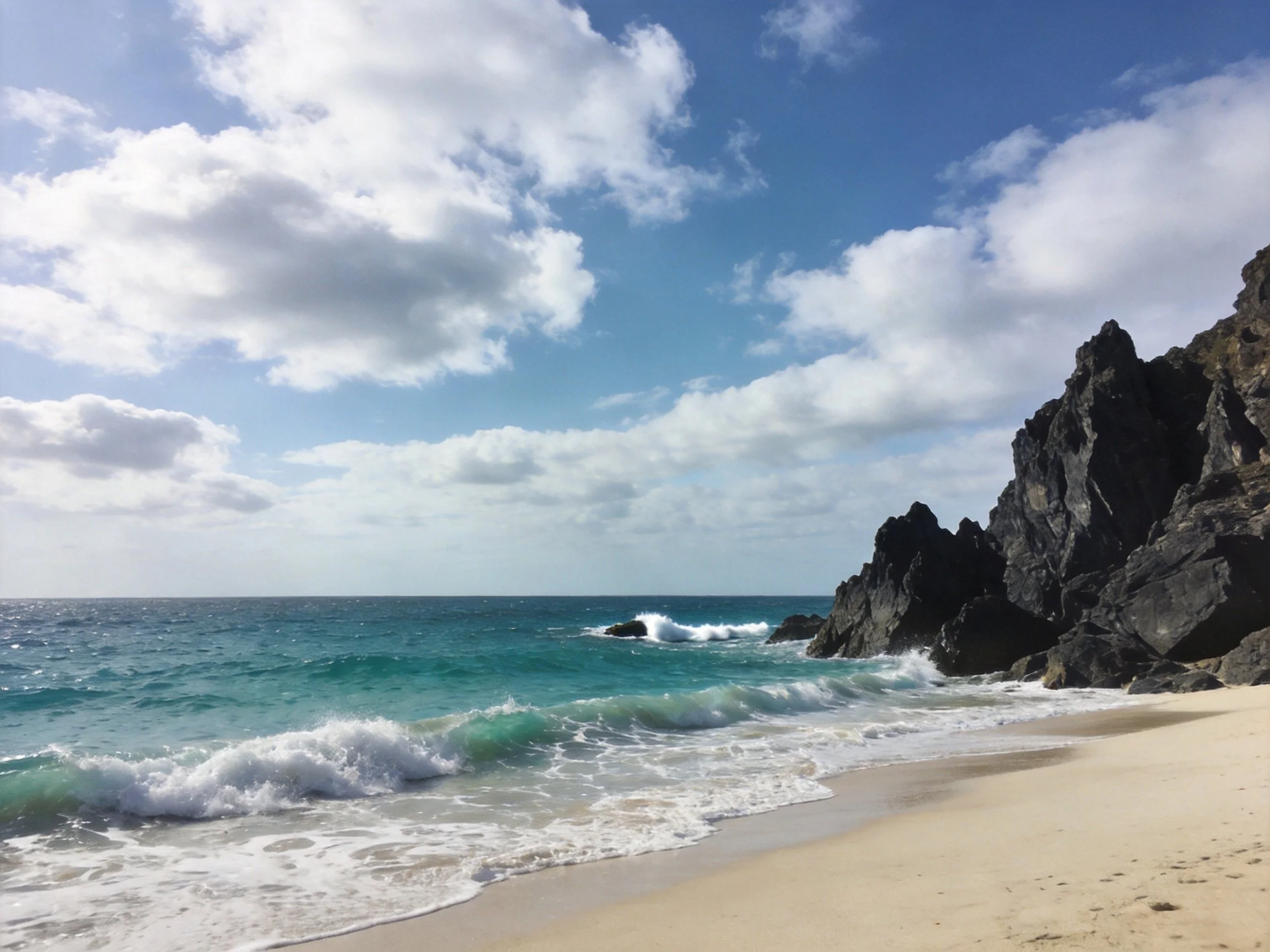 Dark Rocky Cliffs Frame Turquoise Ocean Waves on Sandy Beach