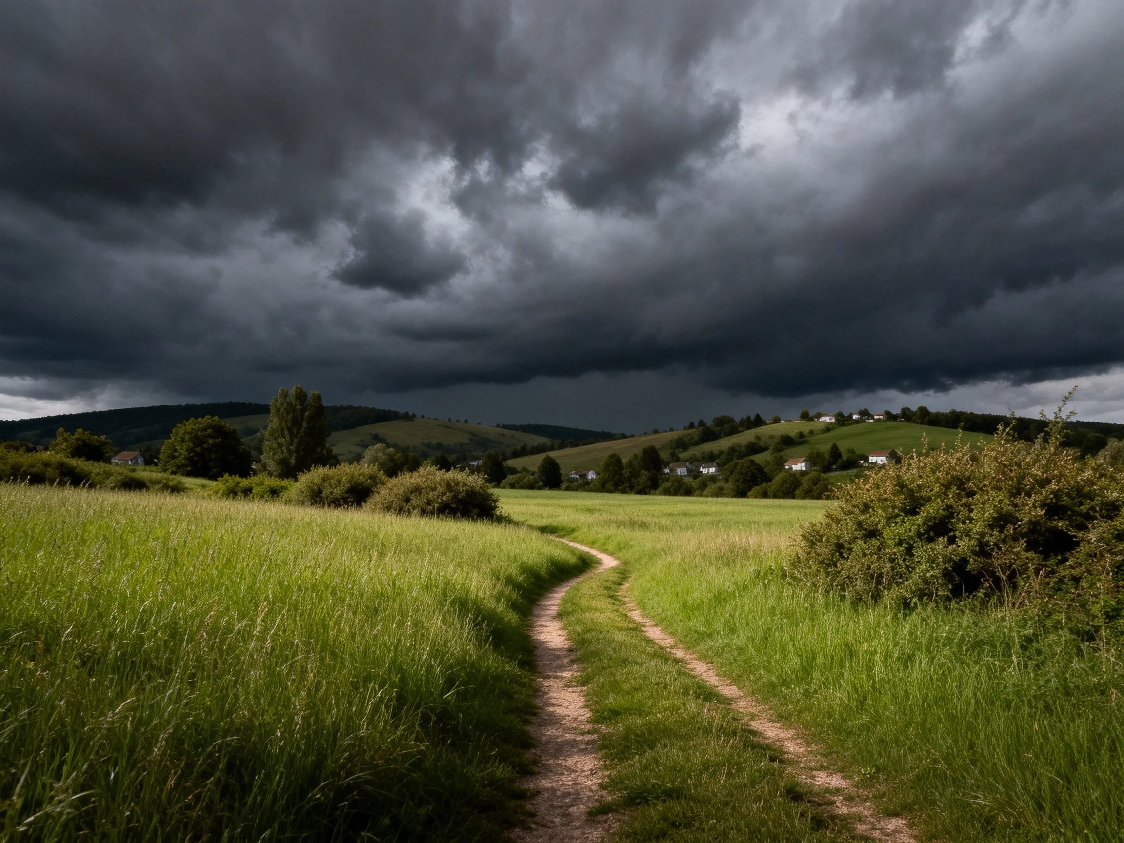 Dark Storm Clouds Over Lush Green Fields With Winding Dirt Path