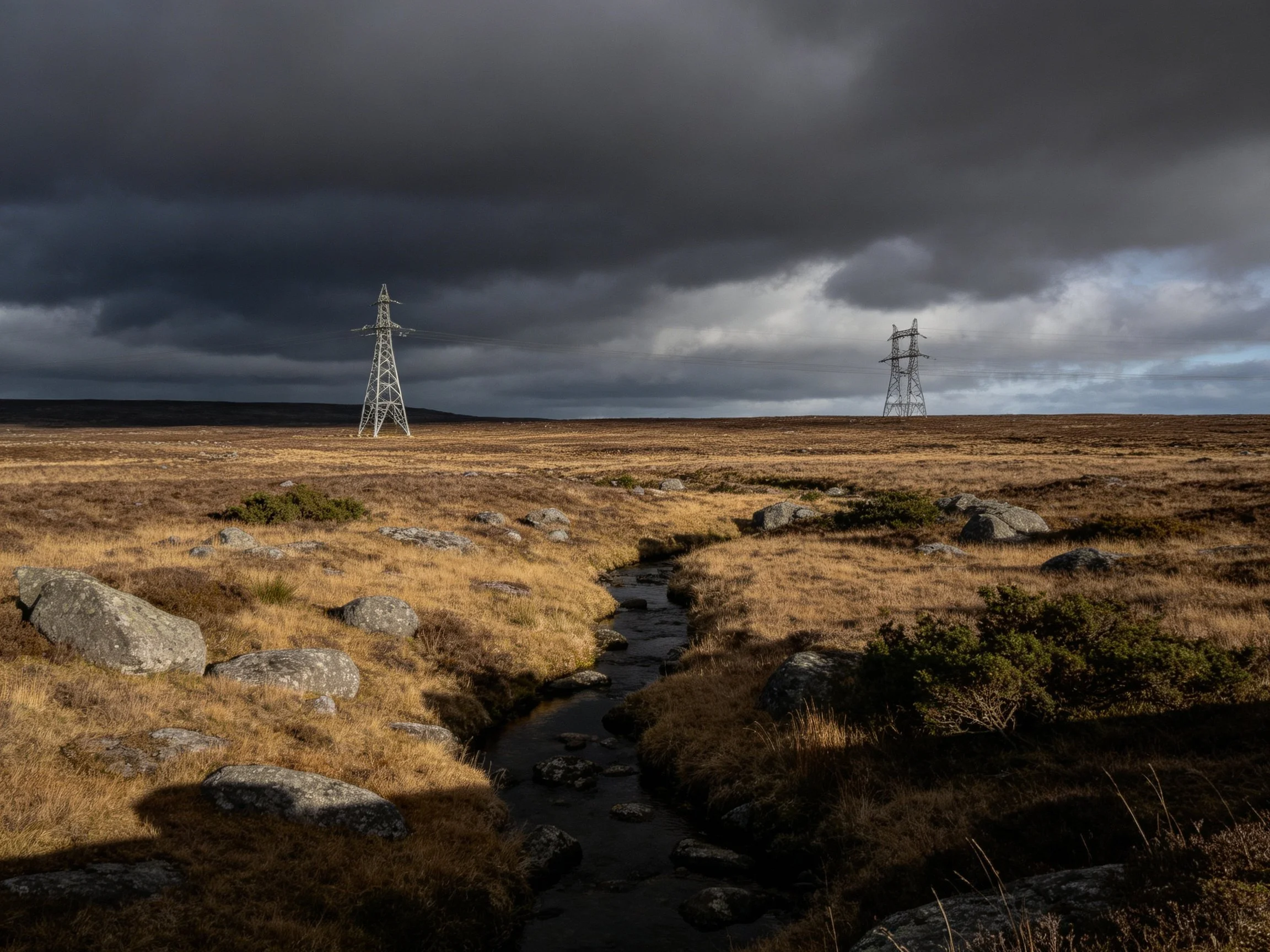 Dark Storm Clouds Over Moorland Stream and Power Towers