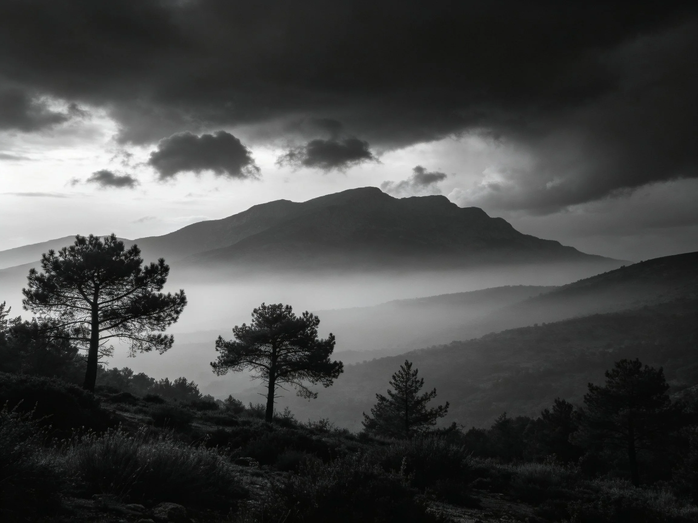 Dark Stormy Sky Over Mountainous Landscape with Silhouetted Trees