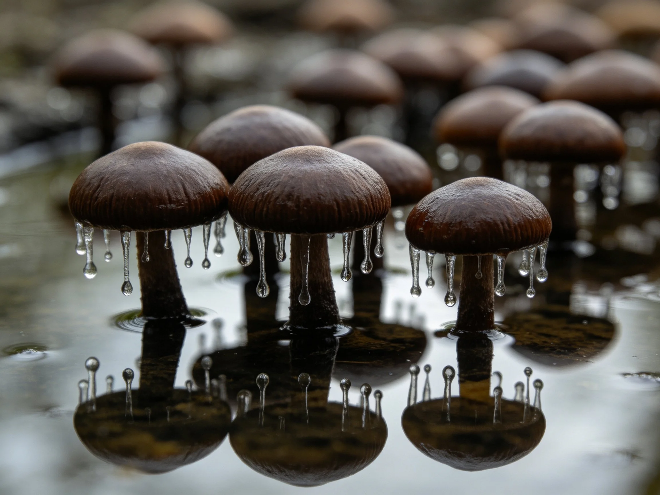 Dark brown mushrooms with hanging droplets in reflective water