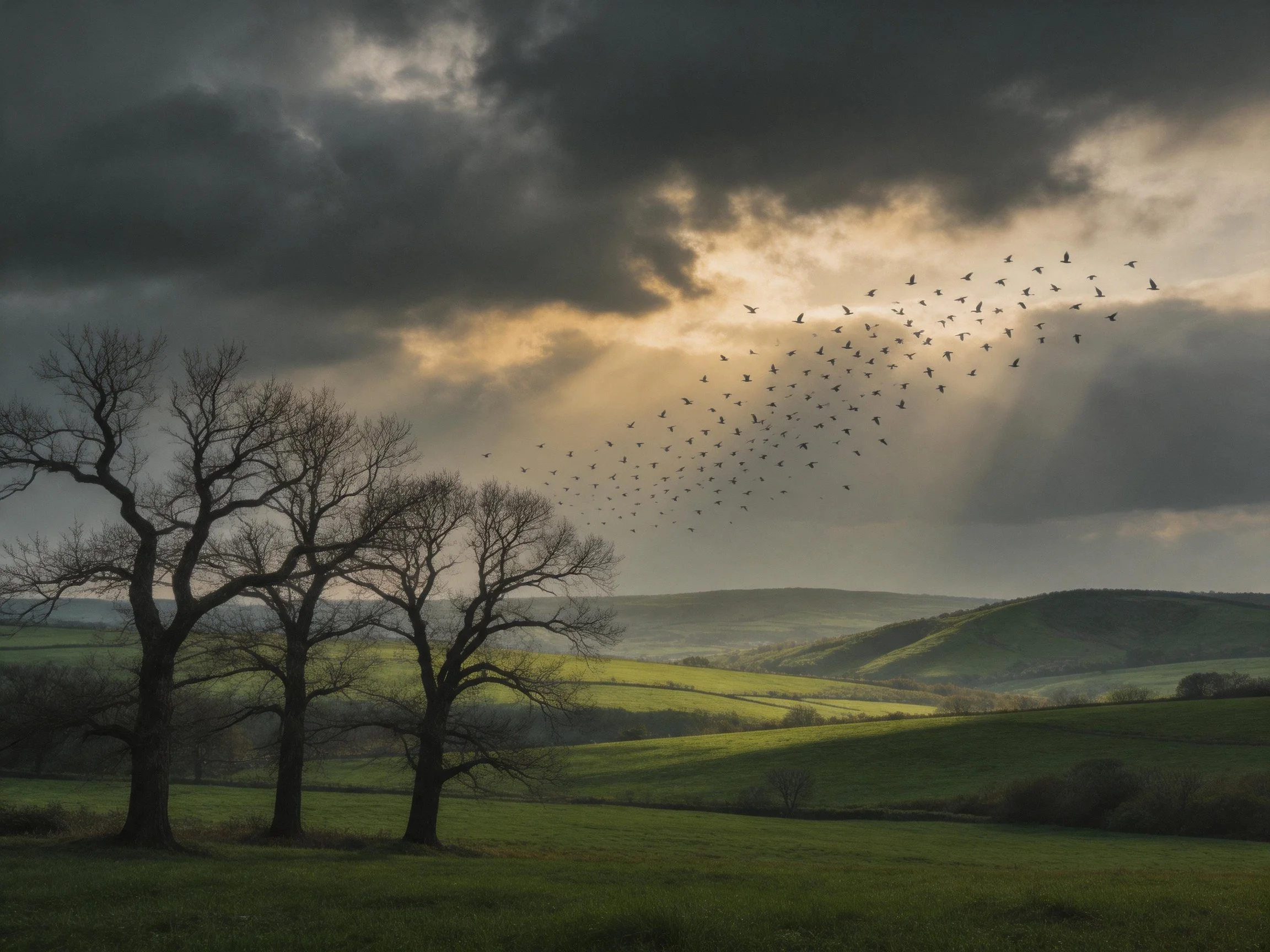 Dark cloudy sky over rolling green hills, bare trees, and flying birds