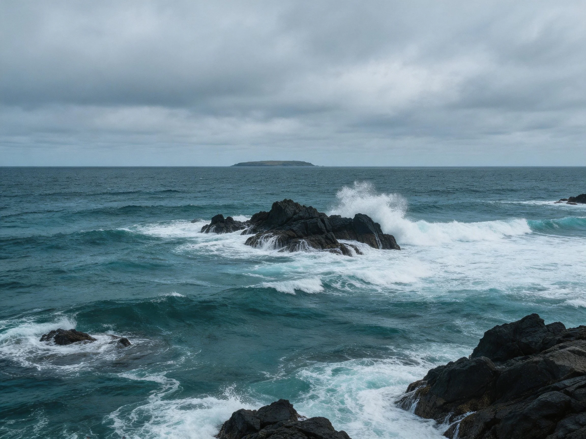Dark rocky formations amidst turquoise waters under stormy skies