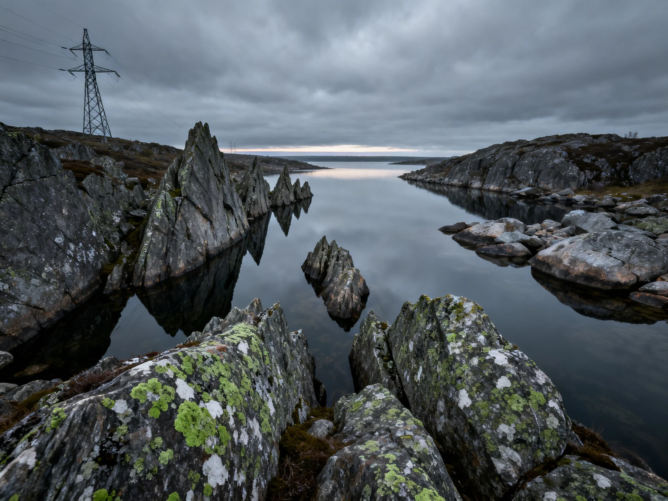 Dark rocky formations reflect in calm waters near power tower