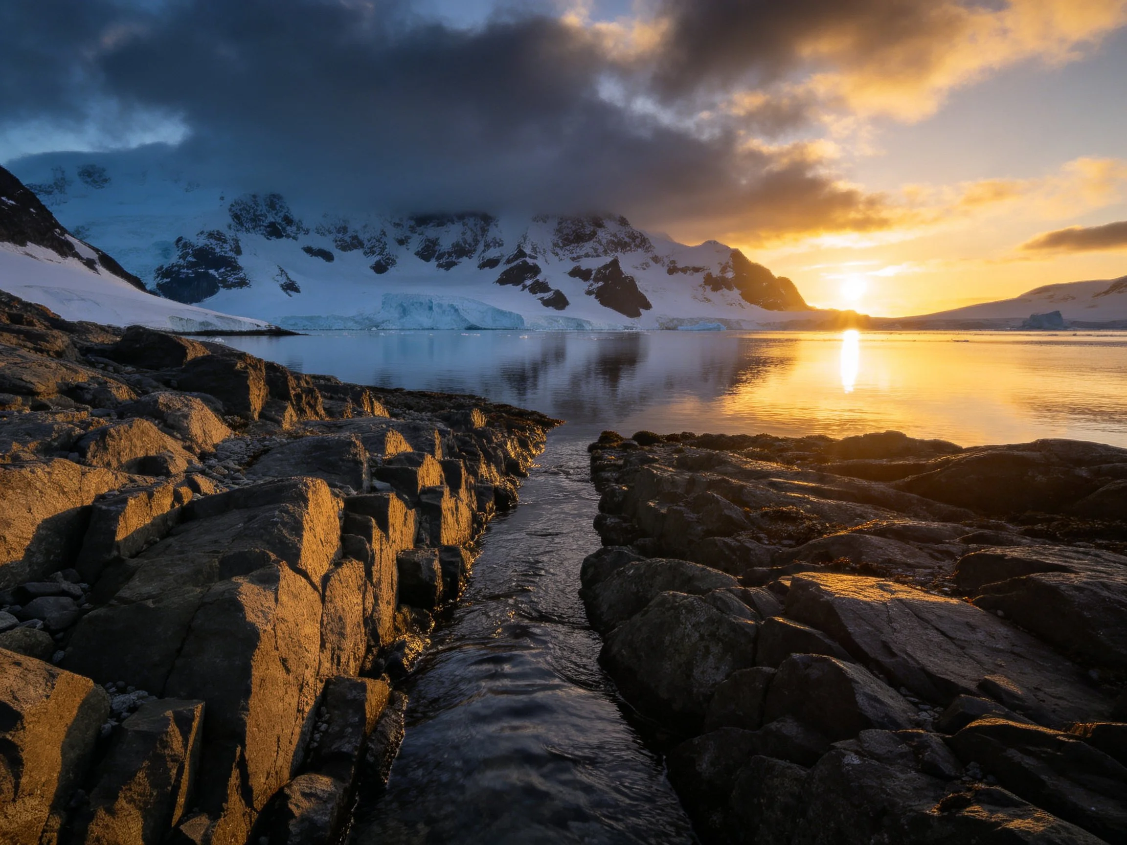 Dark rocky shore meets calm icy waters under dramatic sunset sky