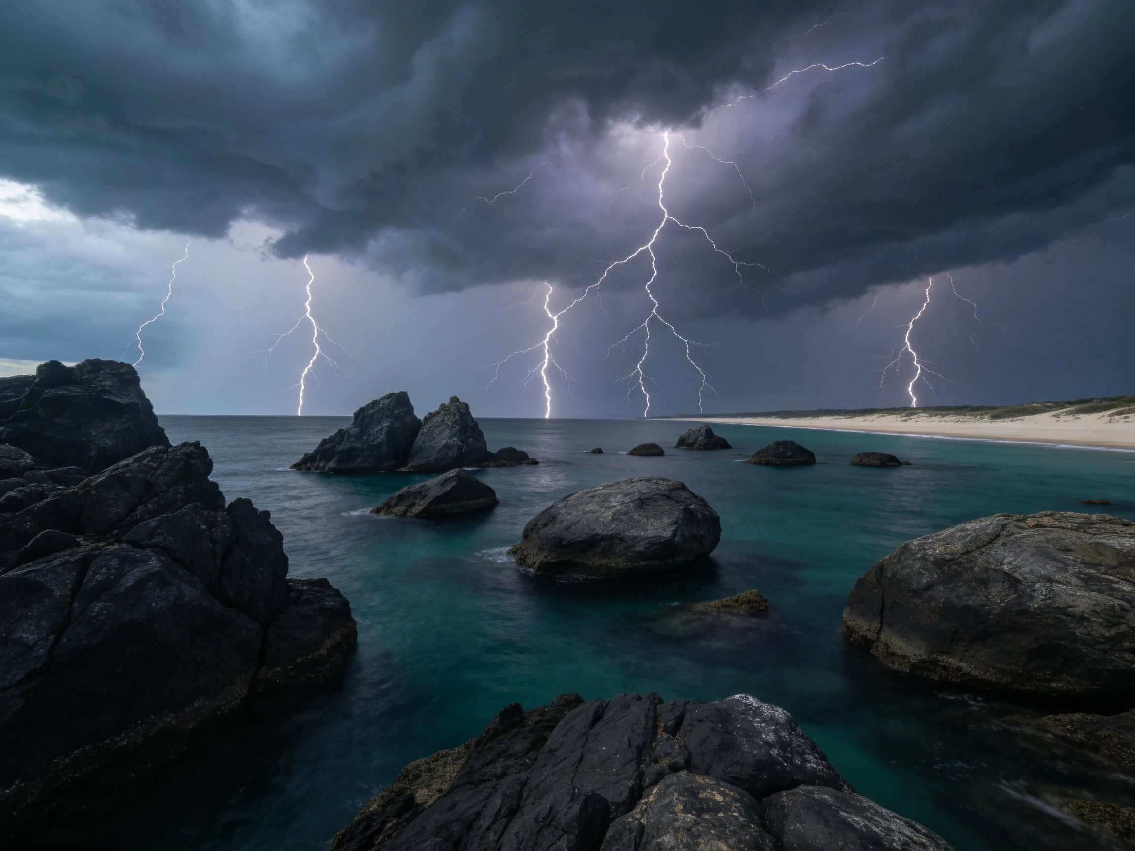 Dark storm clouds and multiple lightning bolts over rocky coastal waters.