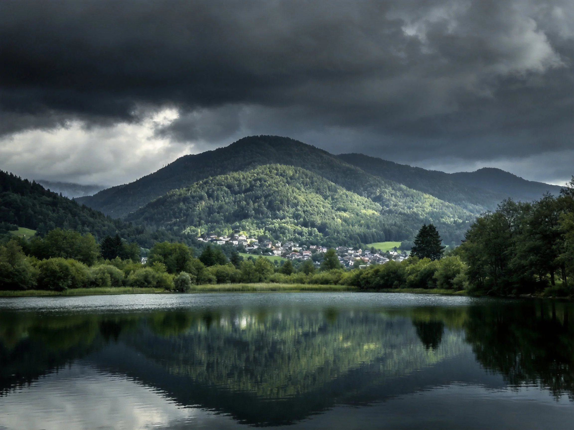 Dark storm clouds hover over verdant mountains reflected in tranquil lake.