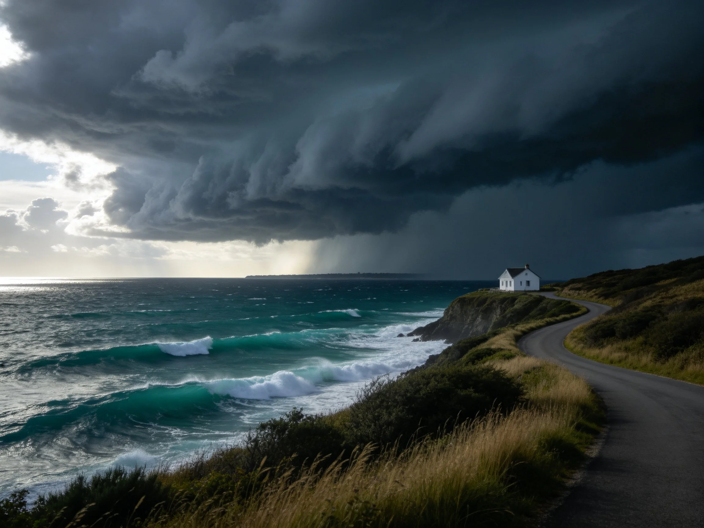 Dark storm clouds loom over a coastal cliffside with turquoise waves