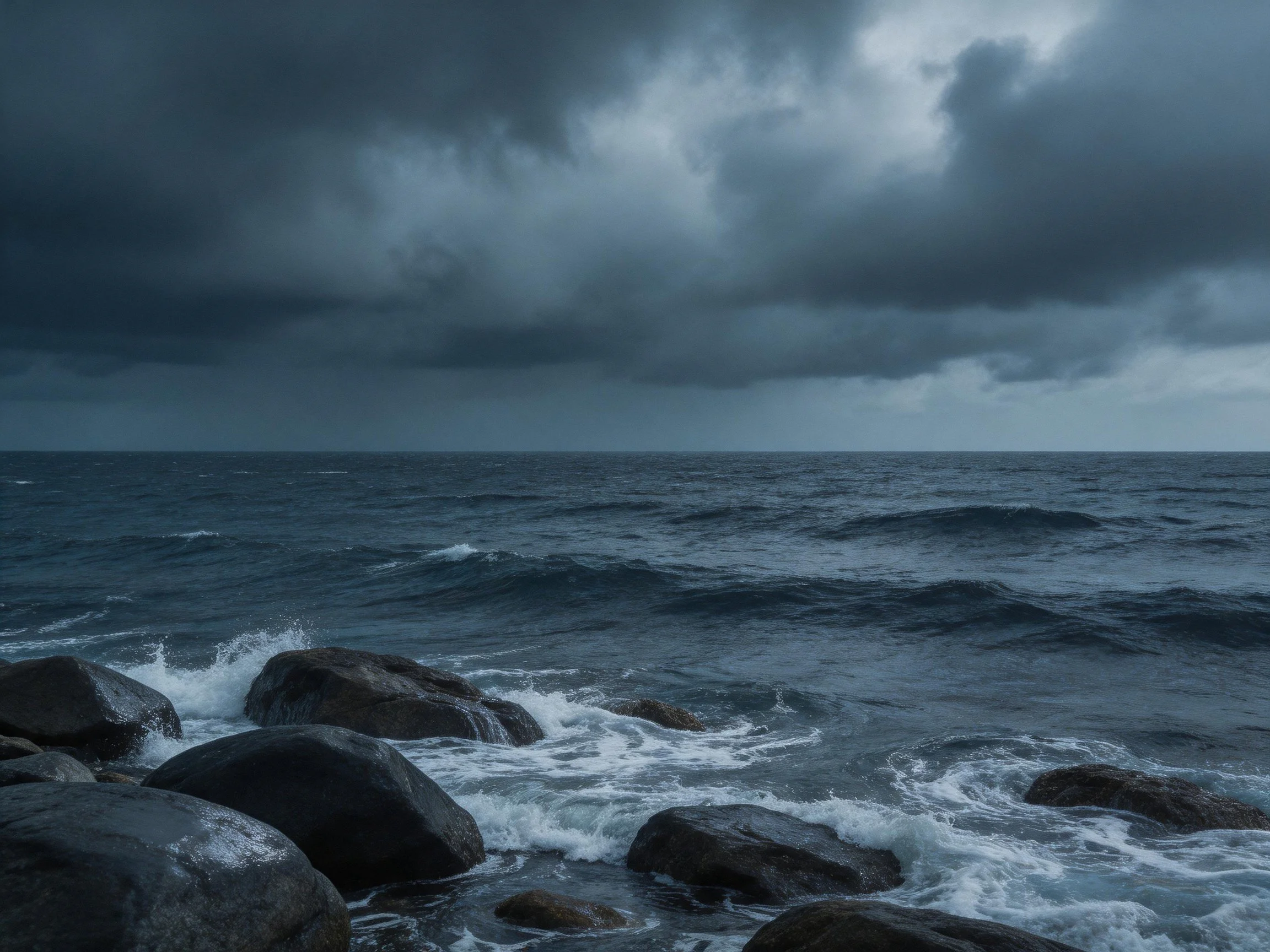 Dark storm clouds loom over a rocky shoreline with churning waves