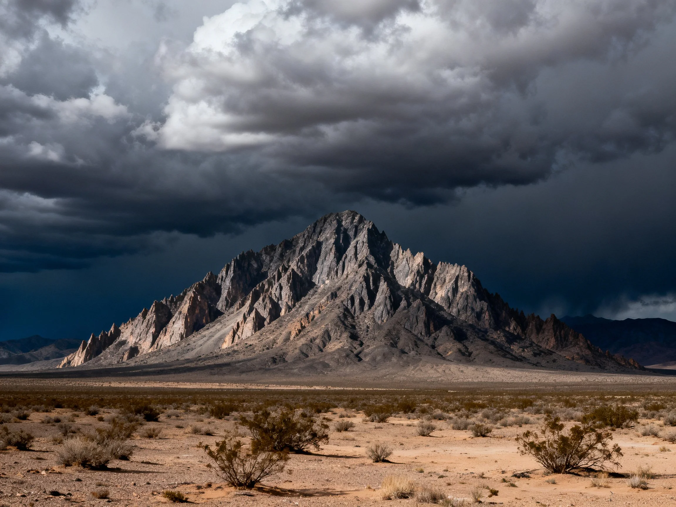Dark storm clouds loom over a rugged mountain in an arid desert