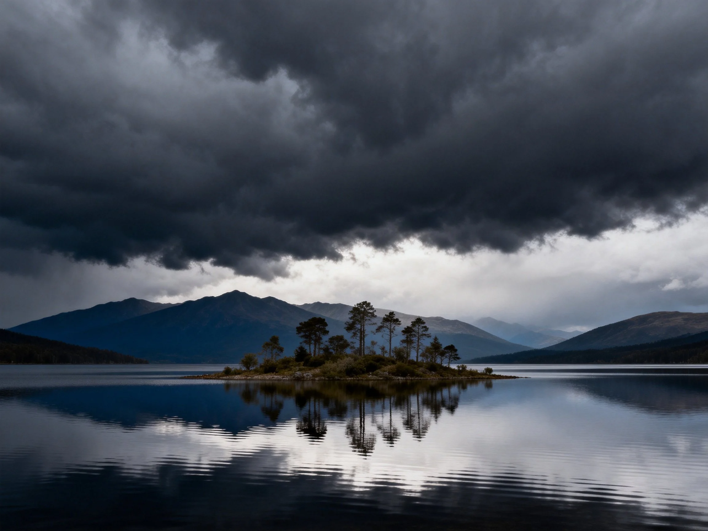 Dark storm clouds loom over a small forested island on calm waters